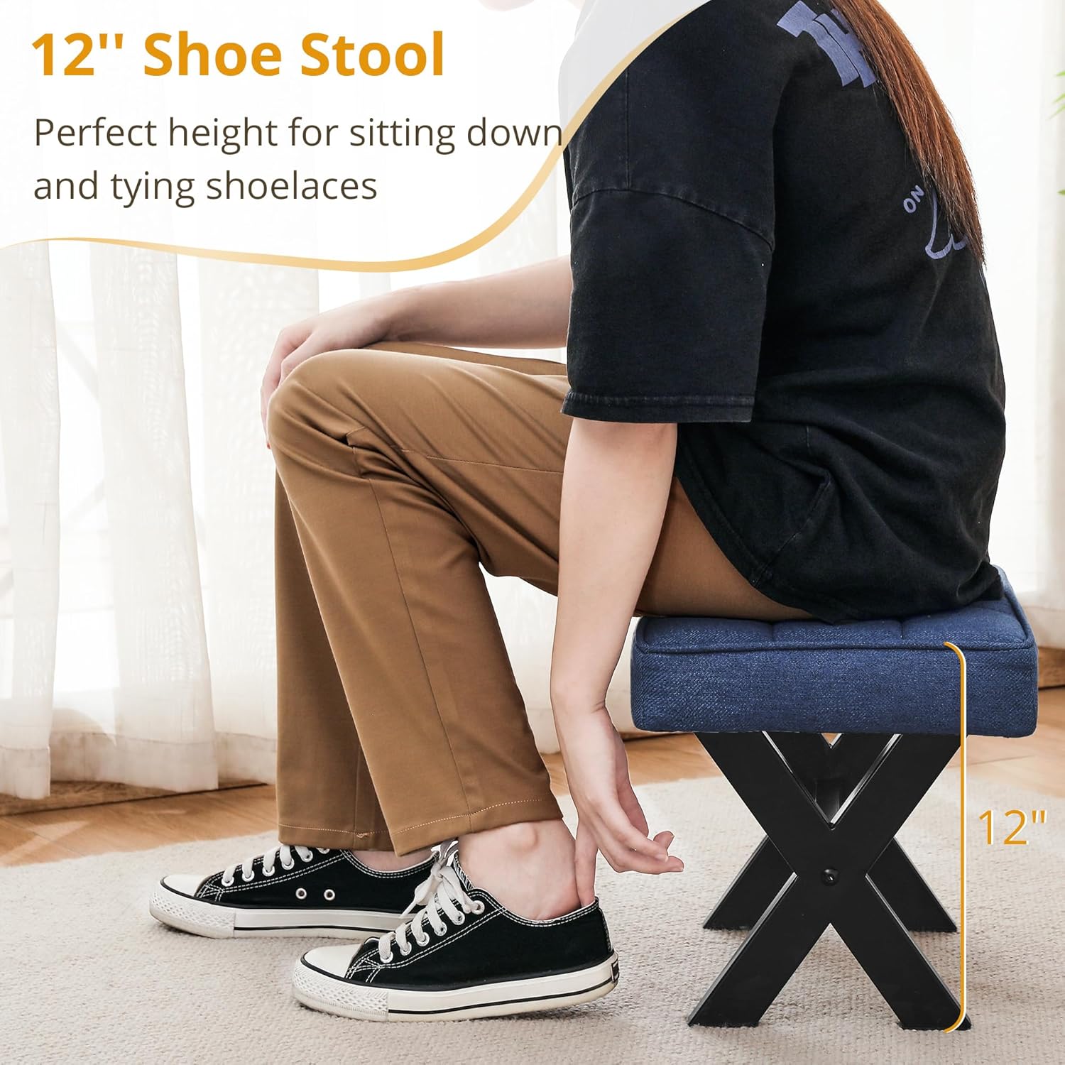 LUE BONA Taburete para pies, taburetes pequeños de 12 pulgadas de alto, reposapiés de tela resistente con patas en X de metal, reposapiés acolchado,