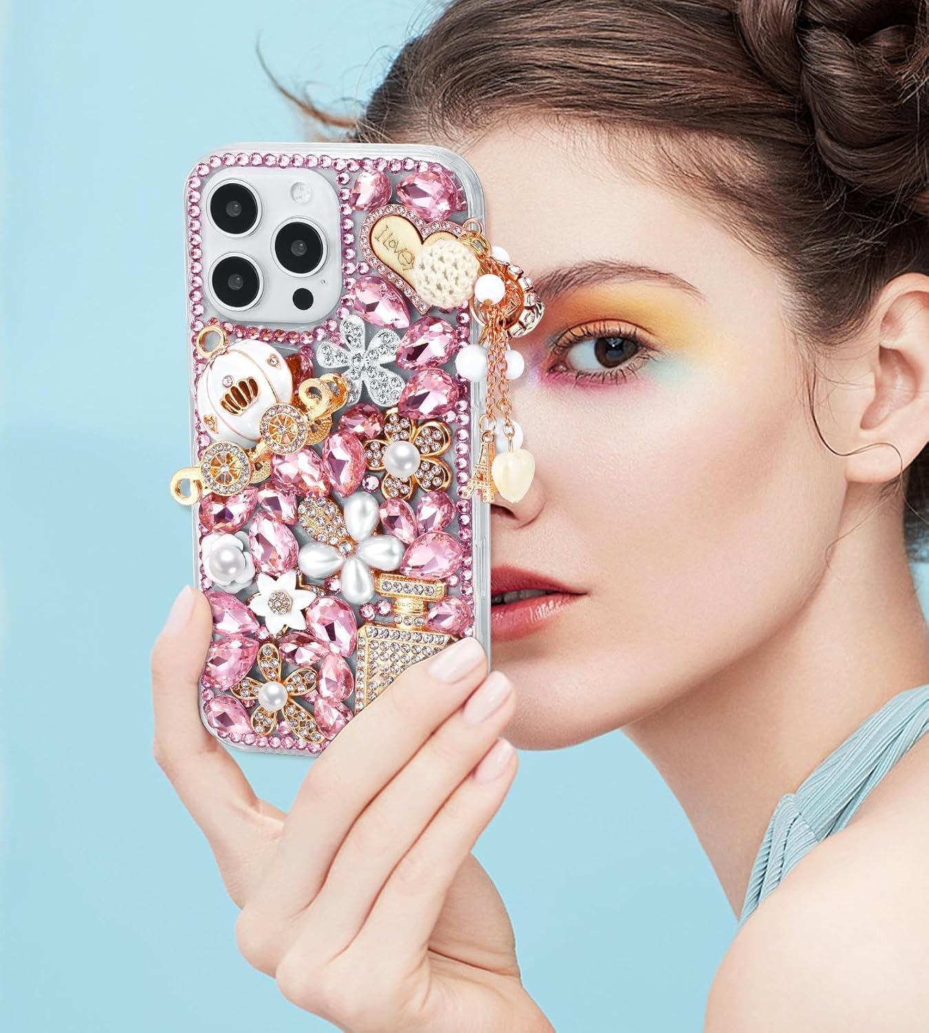 Threesee Funda para iPhone 15 Plus, con diamantes de imitación de lujo, para mujeres y niñas, niños, con colgante de calabaza para iPhone 15 Plus de