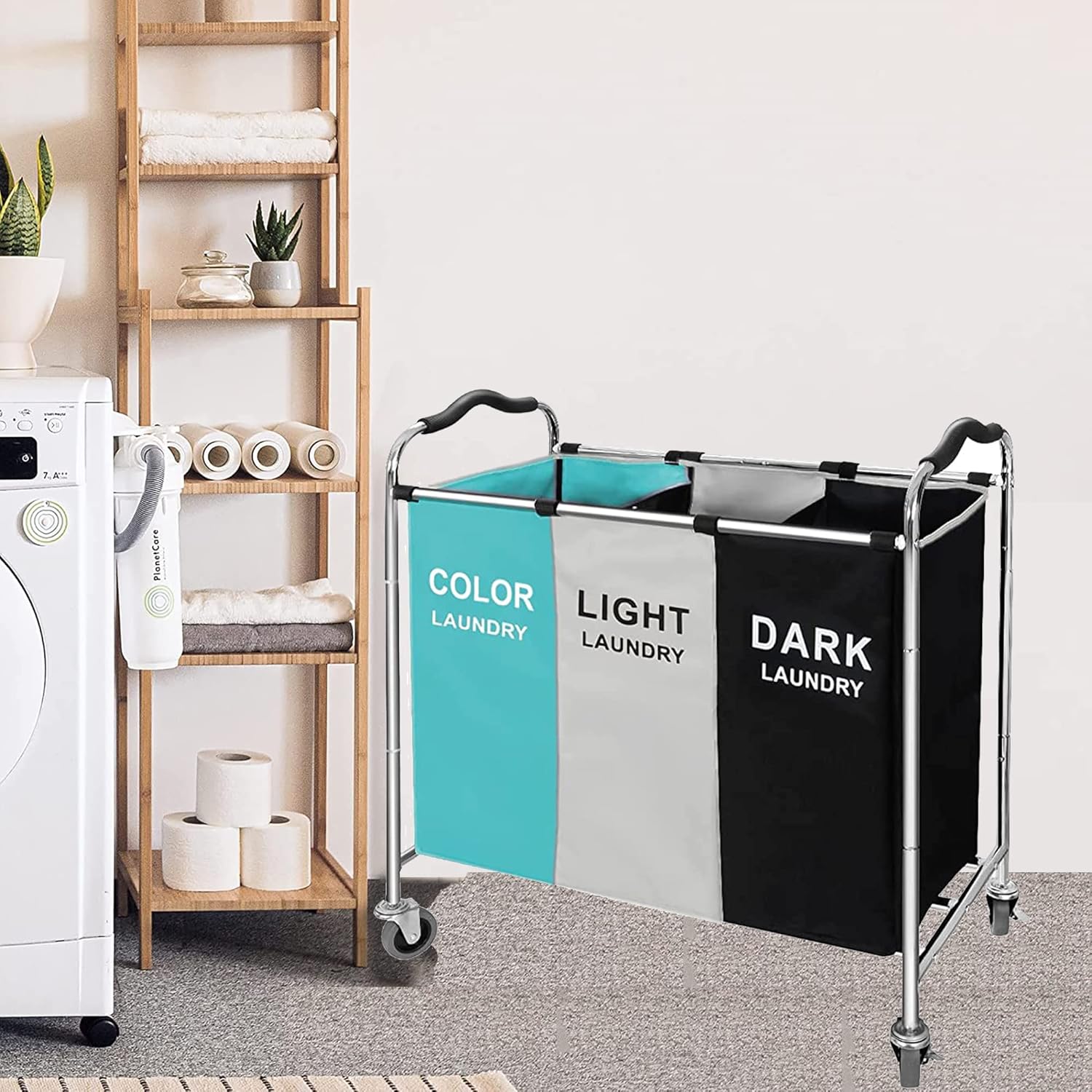 240L Laundry Sorter Hamper, Divided 3 Section Laundry Cart with Lockable Wheels, Large Capacity Bag Storage Organizer in Laundry Room Bathroom