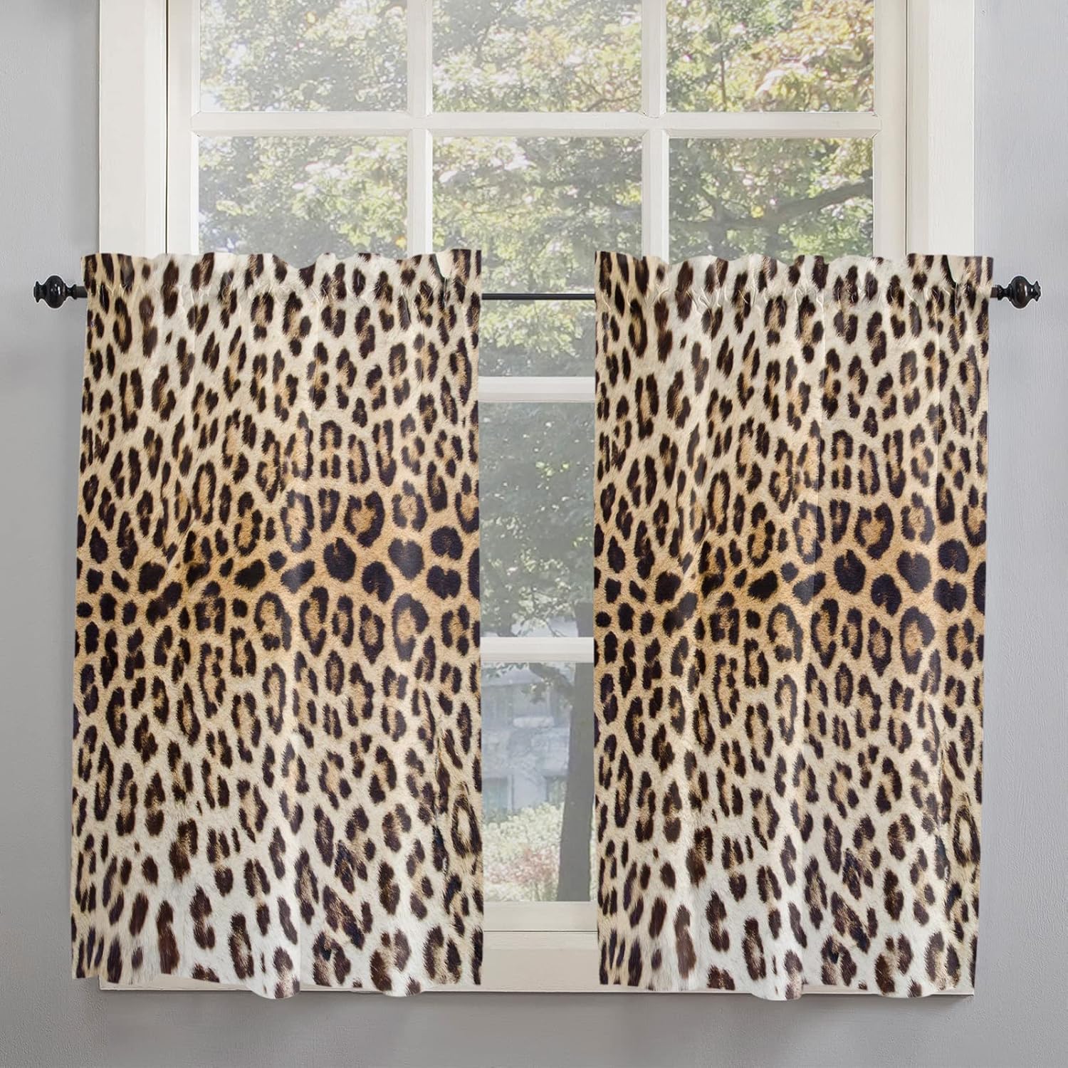 Cortinas con estampado de leopardo para cocina, cenefa de ventana con bolsillo para barra, cortinas cortas filtrantes de luz, 2 paneles con textura
