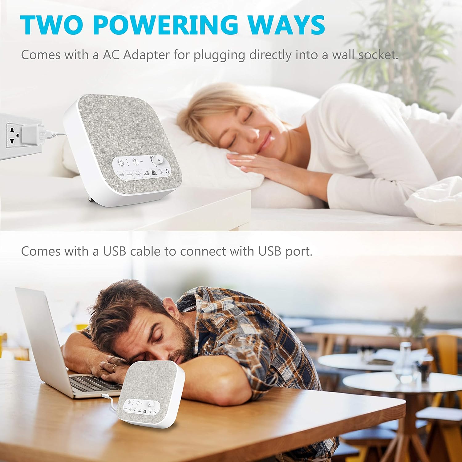Máquina de sonido de ruido blanco con sonidos naturales, cargador de salida USB, volumen ajustable, conector para auriculares y temporizador de