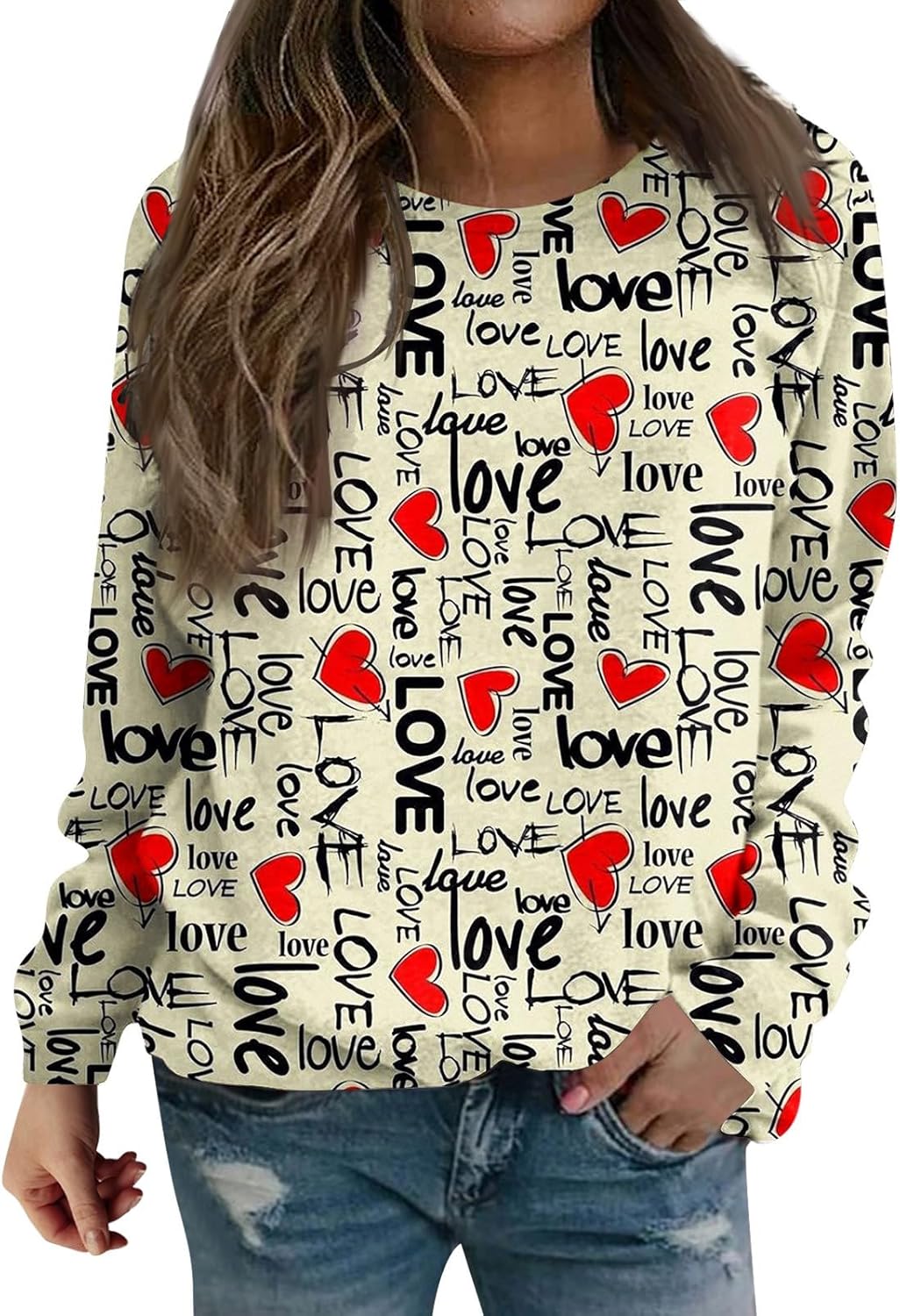 Camisas de San Valentín para mujer, manga larga, invierno y primavera, a la moda, ajuste holgado, sudaderas elegantes