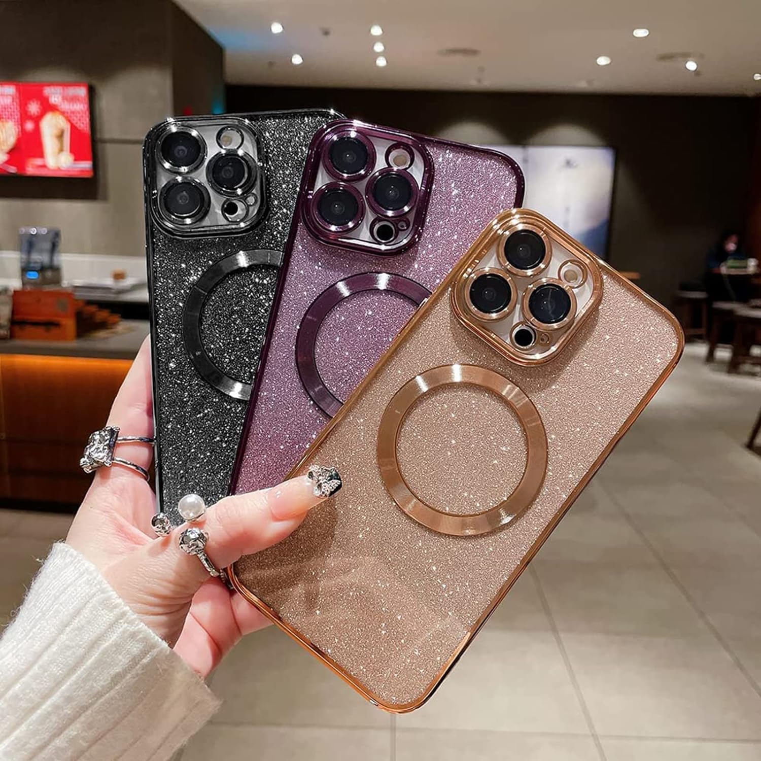 aowner Funda magnética para iPhone 11 con purpurina, chapado de lujo, bonito brillante con protector de lente de cámara, compatible con MagSafe,