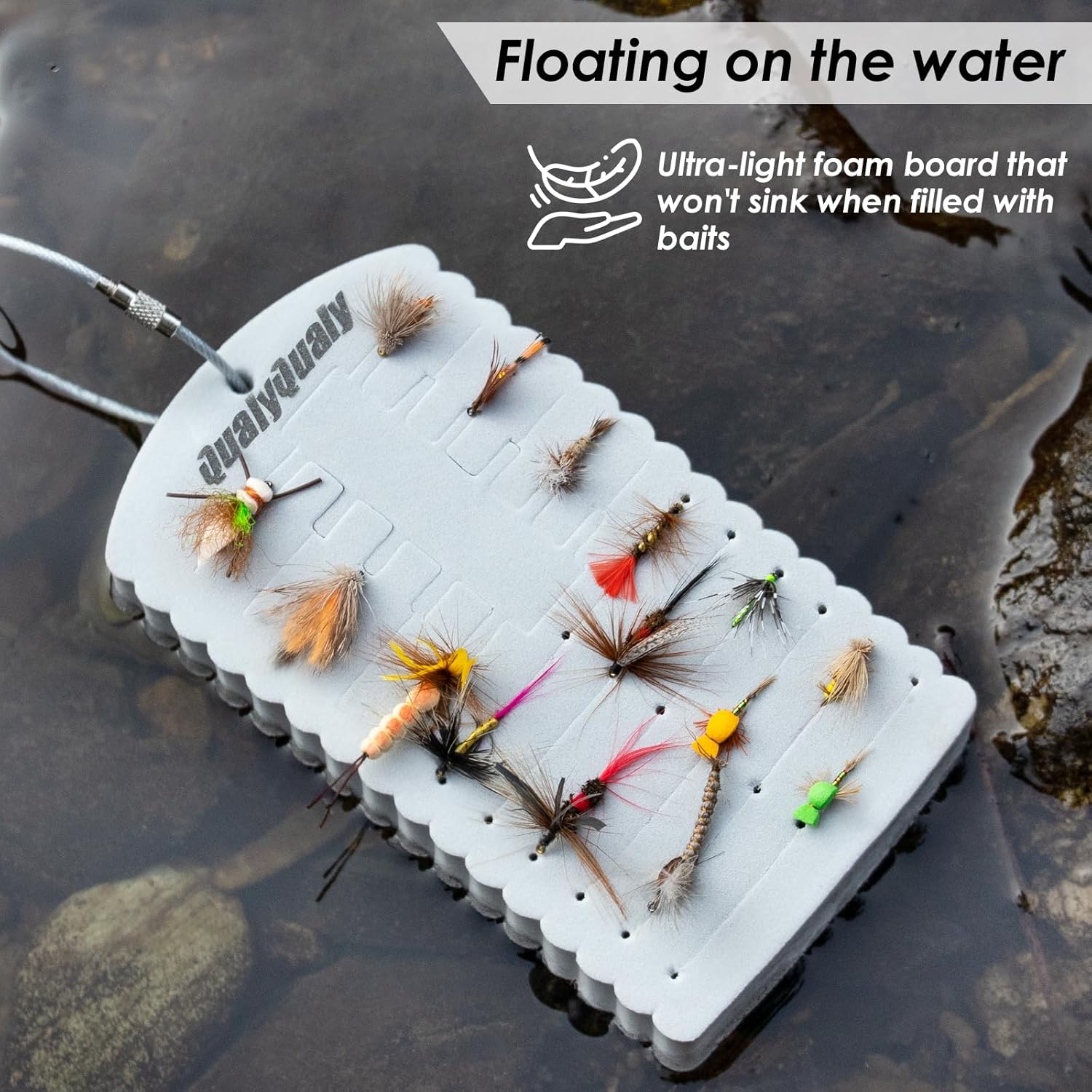 QualyQualy Parche para moscas, paquete de 2 goteros, tarjeta de espuma ligera, accesorios de pesca con mosca para moscas y serpentinas