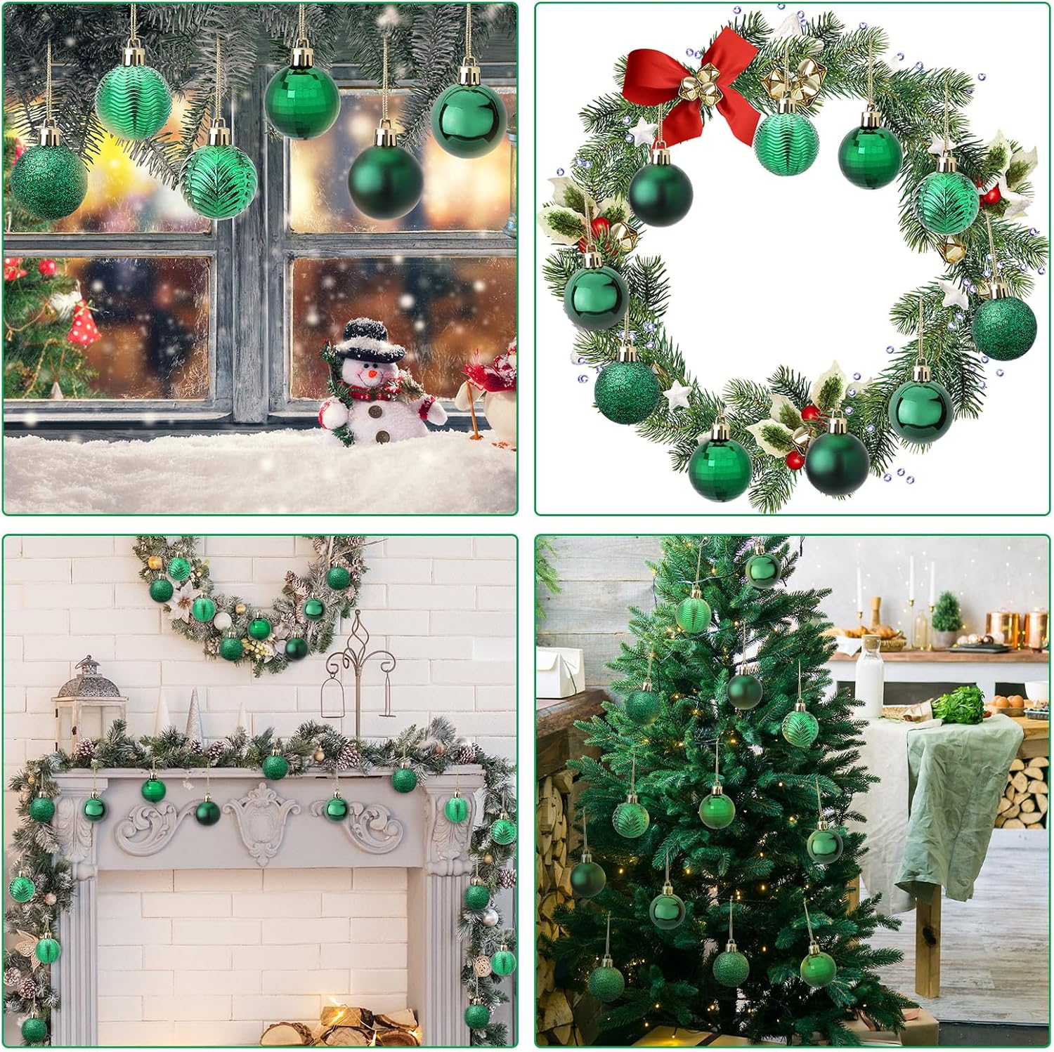 60 esferas de Navidad color verde esmeralda, adornos de plástico de 1.57 pulgadas, adornos de árbol de Navidad con lazo para colgar, para fiestas de
