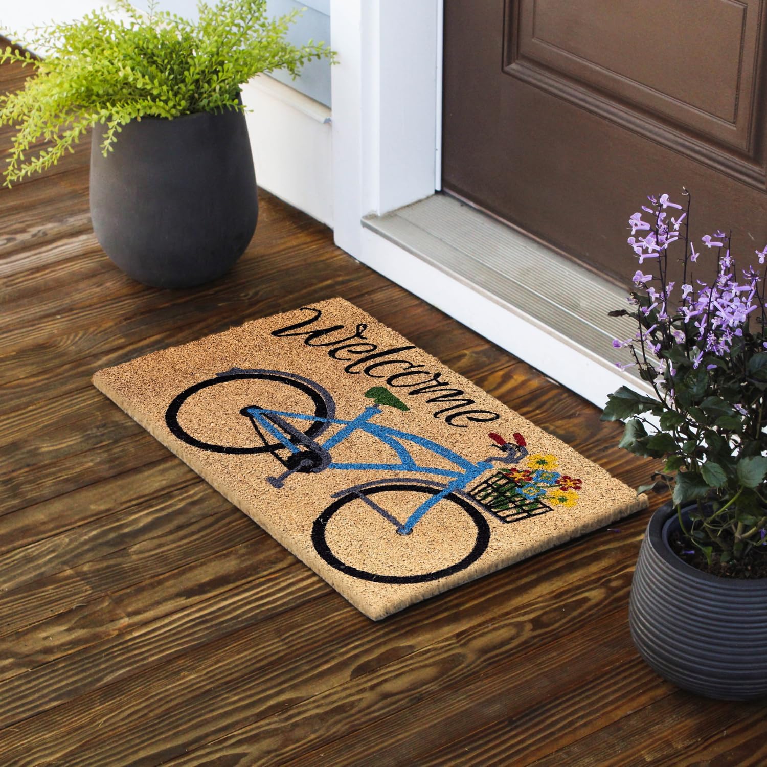 Bicicleta de bienvenida con flores, felpudo de fibra de coco natural, parte trasera antideslizante