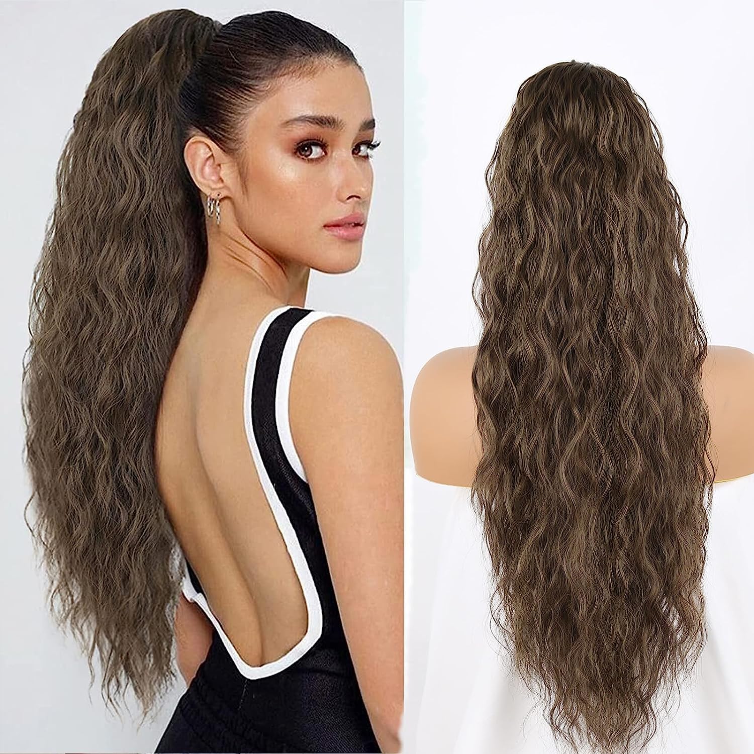 Aisaide Extensión de cola de caballo rizada y ondulada con cordón para mujeres negras, extensiones de cabello sintético largo rizado ondulado