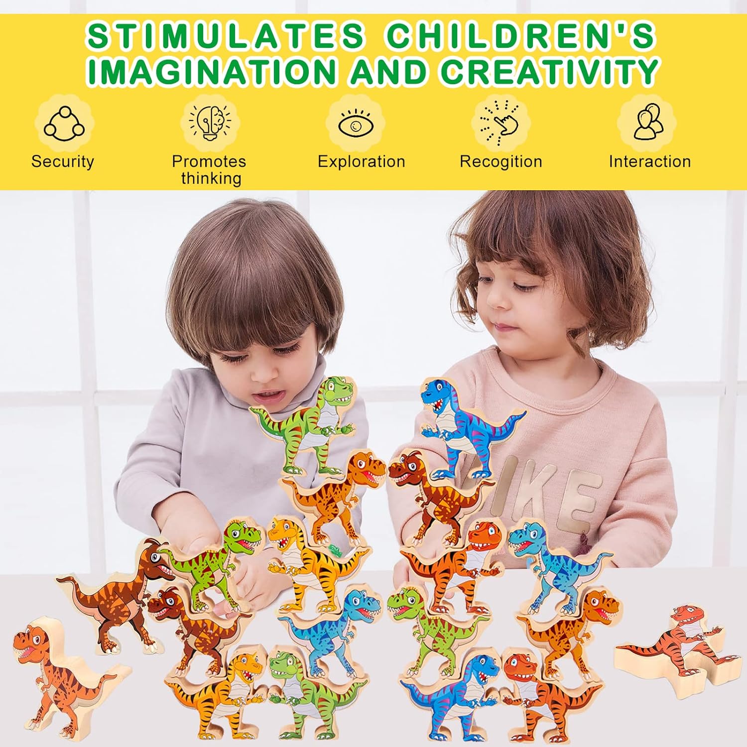 Juguetes de dinosaurio apilables de madera para niños, 16 piezas de juguete de dinosaurio para niños de 3 a 5 años, juguetes Montessori, juego de