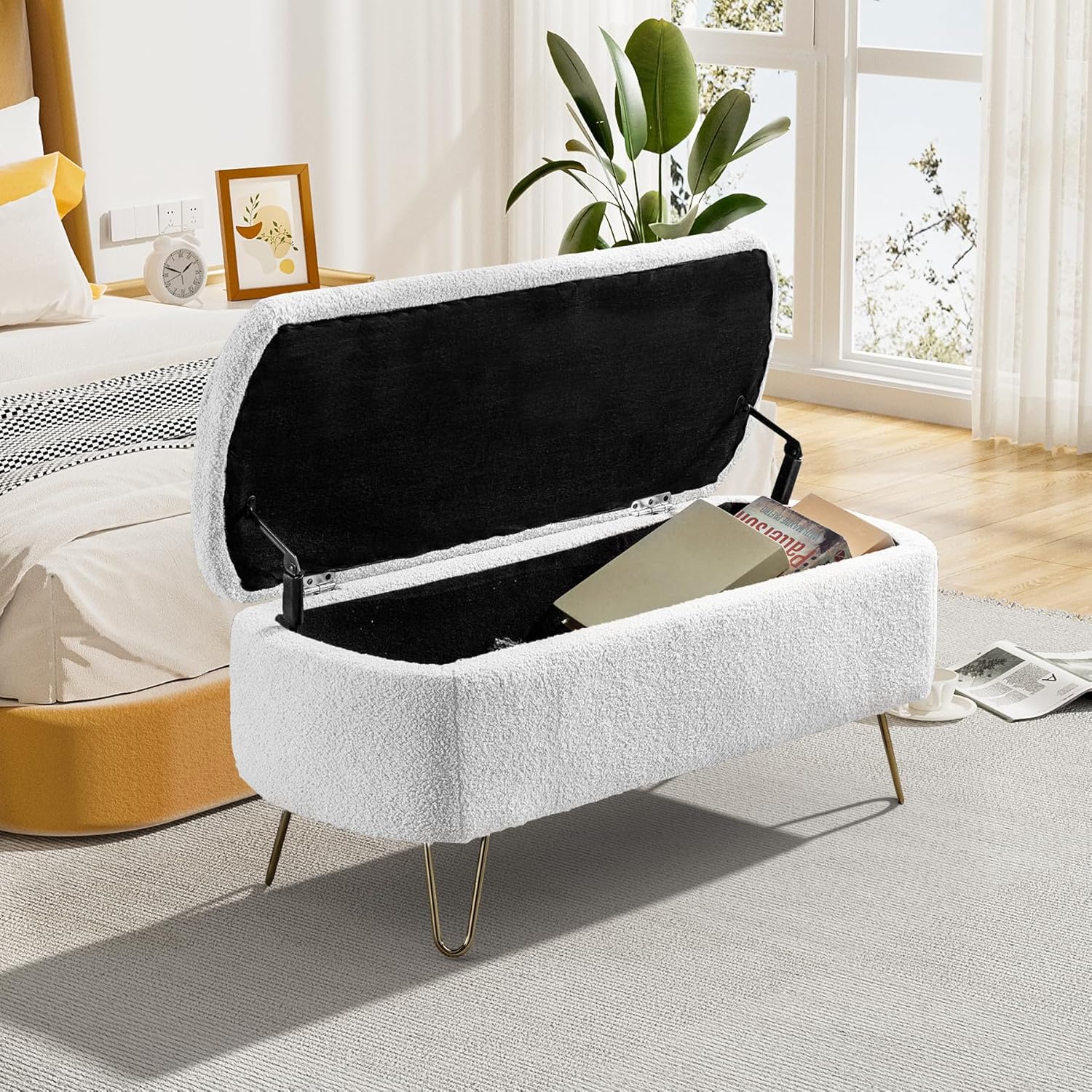 DAMAIFROM Banco otomano de almacenamiento para dormitorio, extremo de la cama, otomana de almacenamiento de peluches con patas doradas, banco