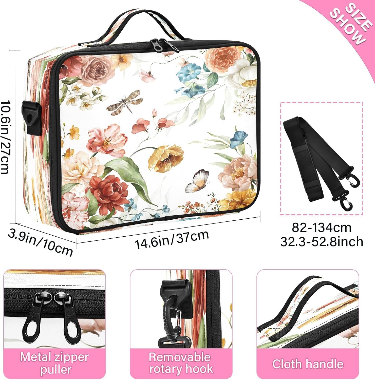 Pink Blush Flowers Green Leaves Branches Dragonfly zip cosmetic bag bags for women travel up bag organizator cute makeup bag bolso para maquillaje