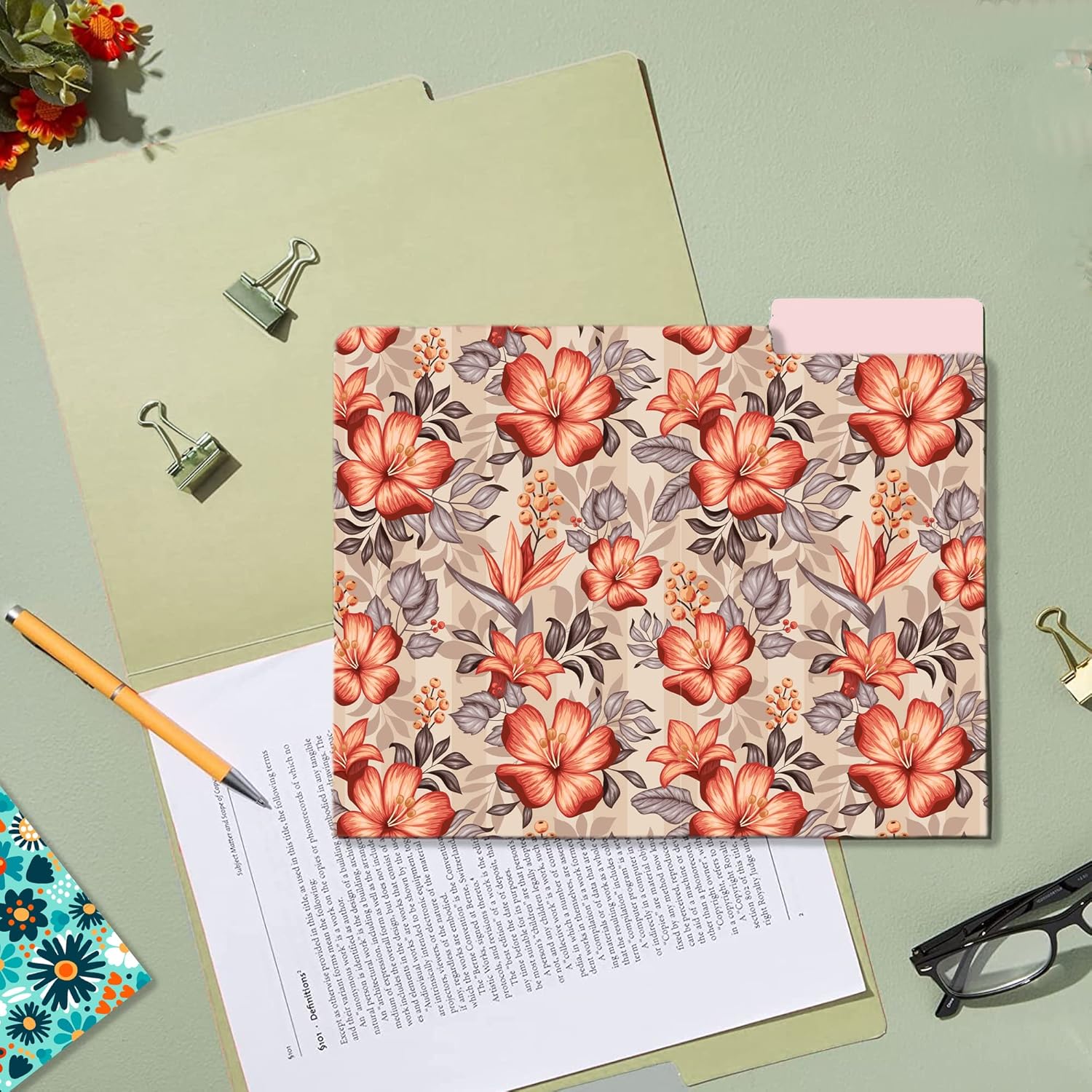 BEE brand Paquete de 12 carpetas de archivos decorativas, bonitas carpetas florales para archivos de negocios y oficina, bonitas carpetas de