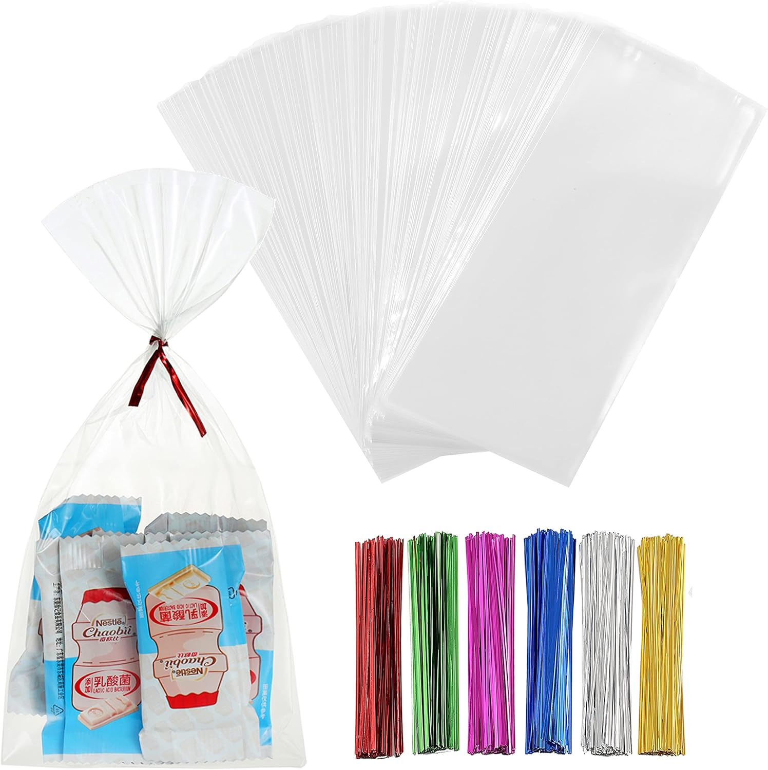 Macoota 200 bolsas de celofán planas de celofán de 4 x 9 pulgadas, transparentes y gruesas, con lazos torcidos de 6 colores, embalaje, galletas,