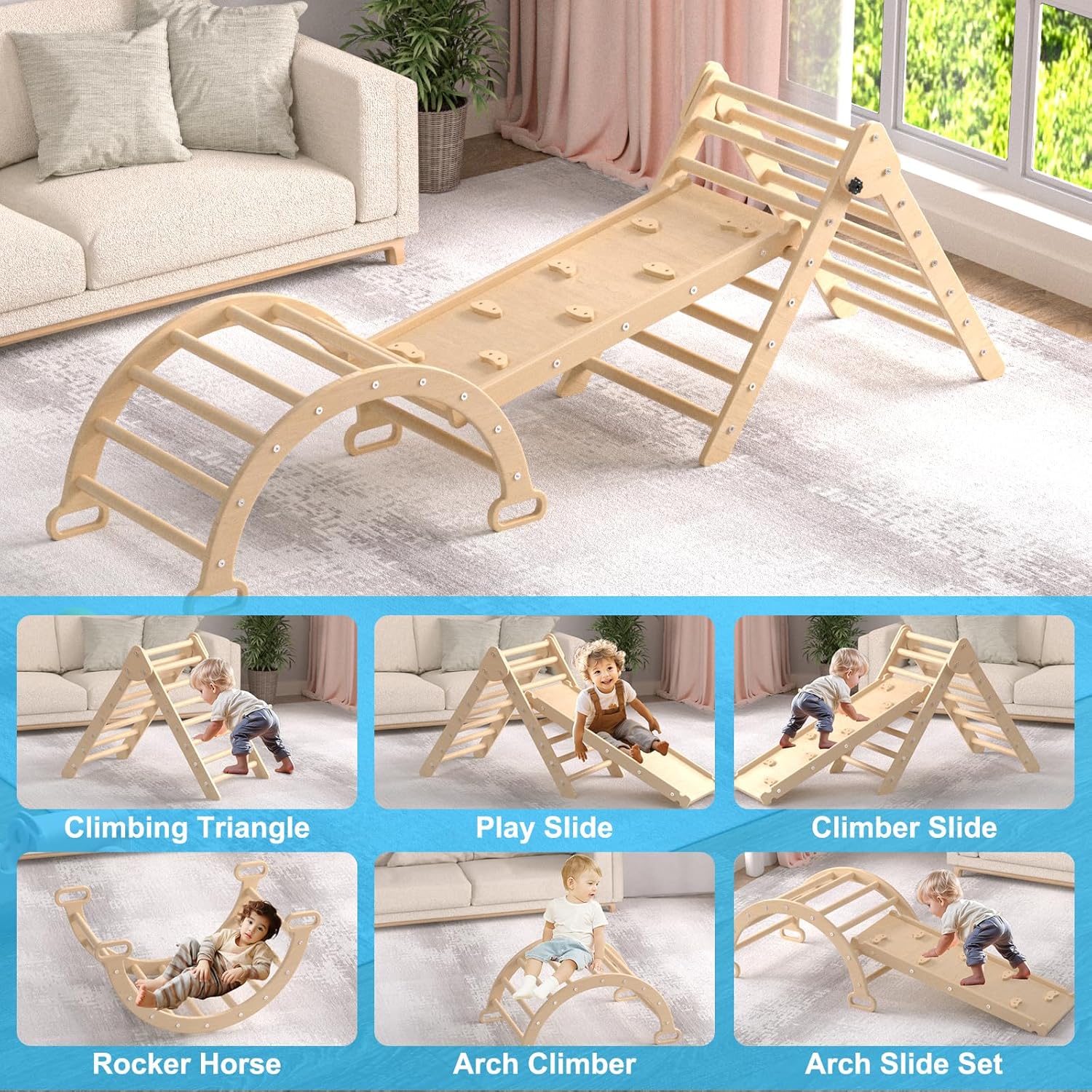 XJD Juego de triángulos Pikler 7 en 1, juguetes de escalada plegables para niños pequeños, parque infantil interior para niños de 1 a 6 años, con
