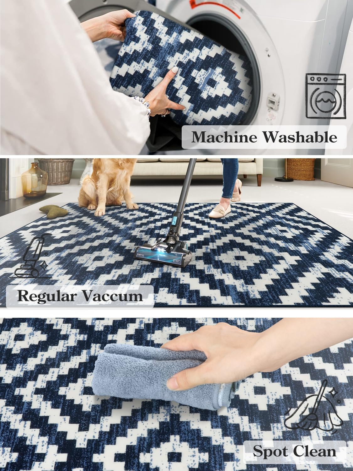 Lahome Alfombra lavable de 3 x 5 pies, diseño de enrejado geométrico marroquí, suave, antideslizante, no se desprende, alfombra de entrada impresa
