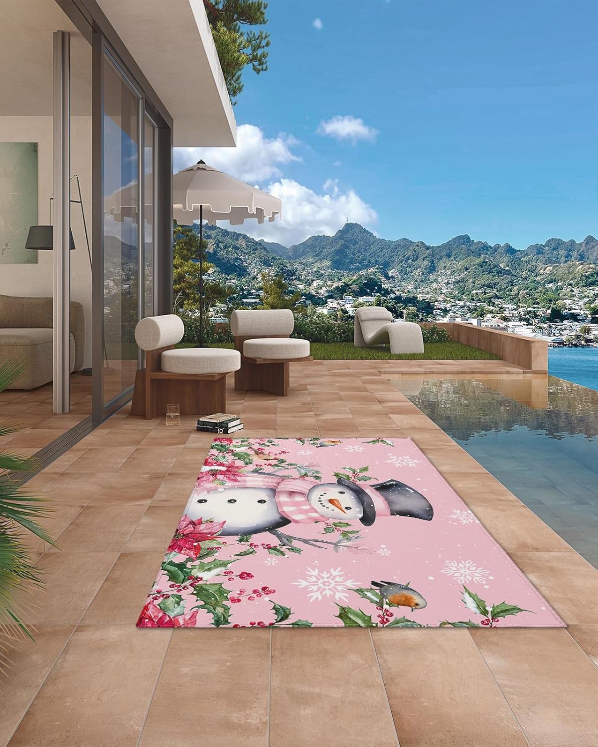 Outdoor Rug Carpet Waterproof 6×9 ft Area Rug, Pink Christmas Poinsettia Flower Berries Snowflake Large Floor Mat for Patio Balcony Living Room