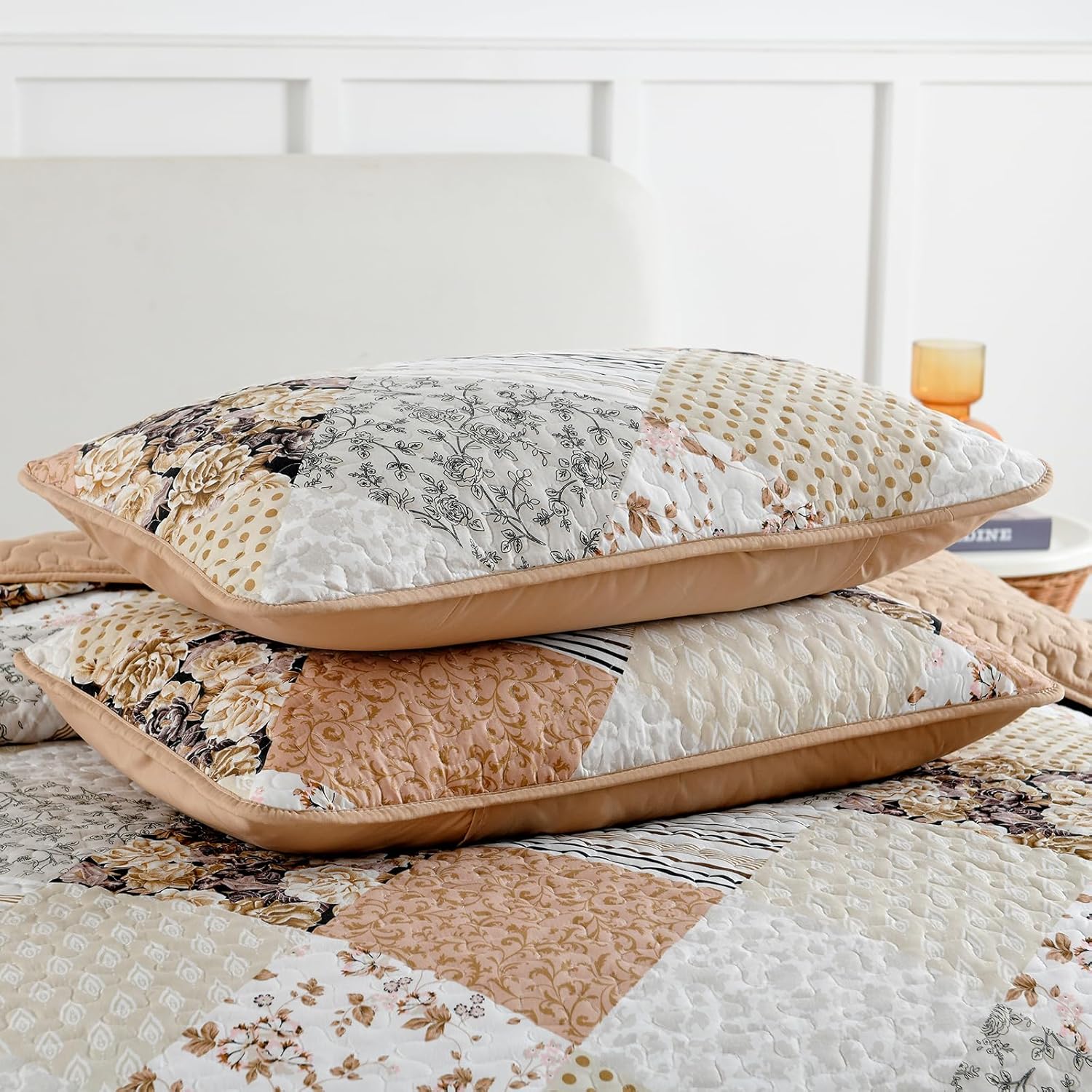 Juego de edredón de 3 piezas, tamaño Queen, color rosa, floral, a cuadros, reversible, juego de ropa de cama de microfibra suave y ligera para todas