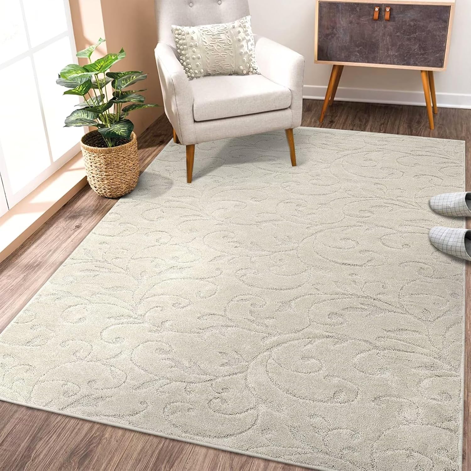 Alfombra moderna de 3 x 5 pies, contemporánea, lisa, lanuda, bohemia, beige, no desprende pelusa, alfombra de pelo corto, alfombra con textura