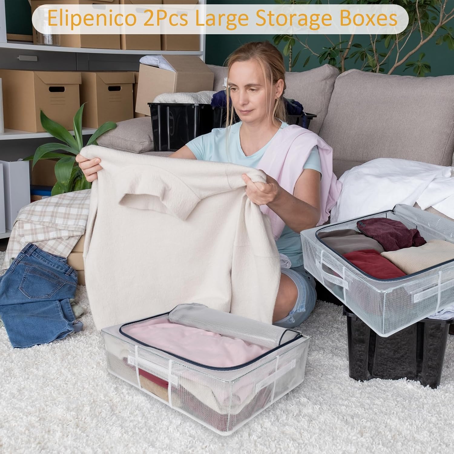 Contenedores de almacenamiento para debajo de la cama, paquete de 2, 30 litros de almacenamiento de ropa debajo de la cama con soporte interno