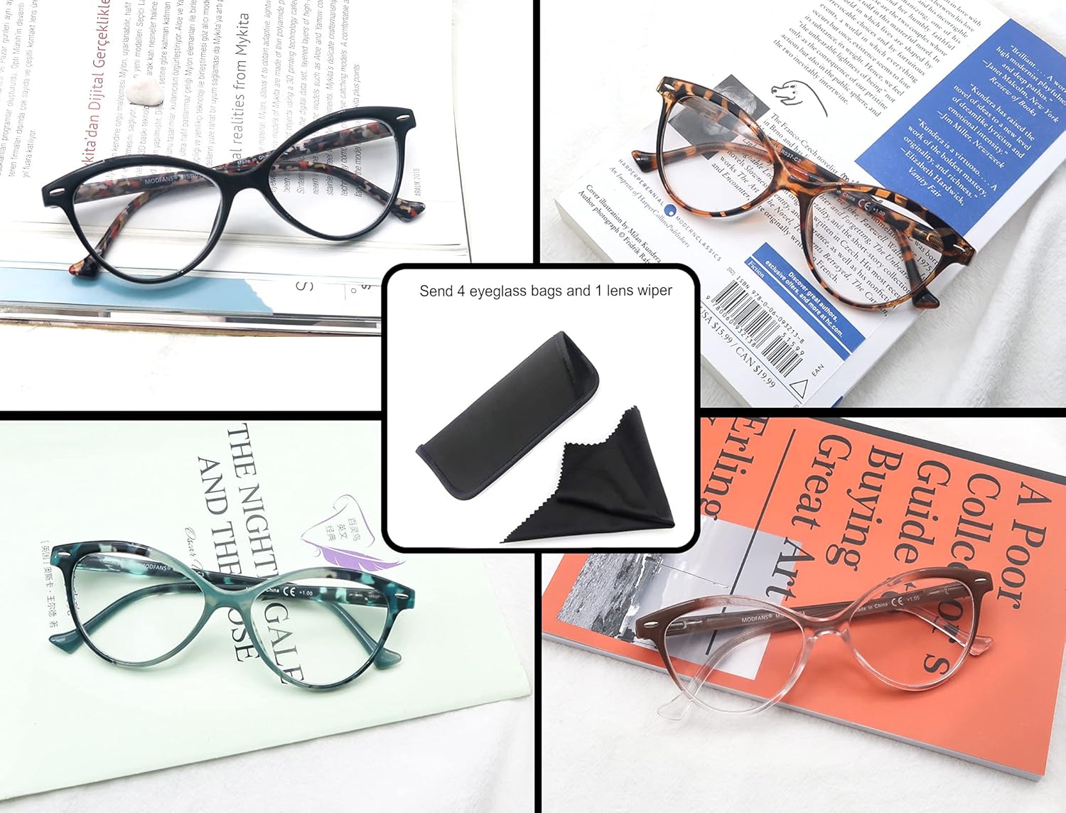MODFANS Paquete de 4 lentes de lectura de diseño de ojo de gato para mujer con bisagra de resorte elegantes y cómodos