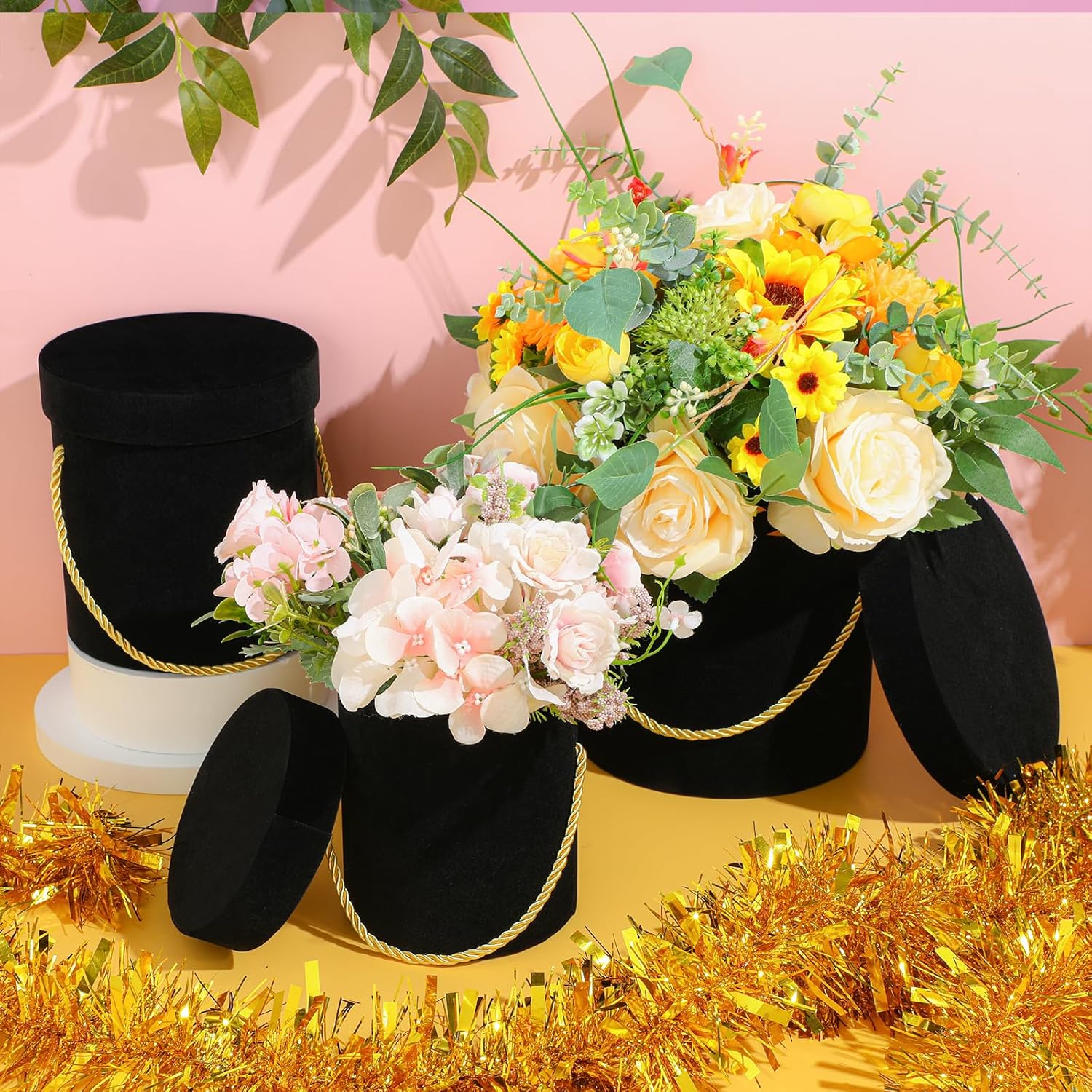 Uiifan 6 cajas redondas de terciopelo con tapas, caja de regalo de terciopelo para boda con asa para arreglos de regalo de flores de lujo, regalos