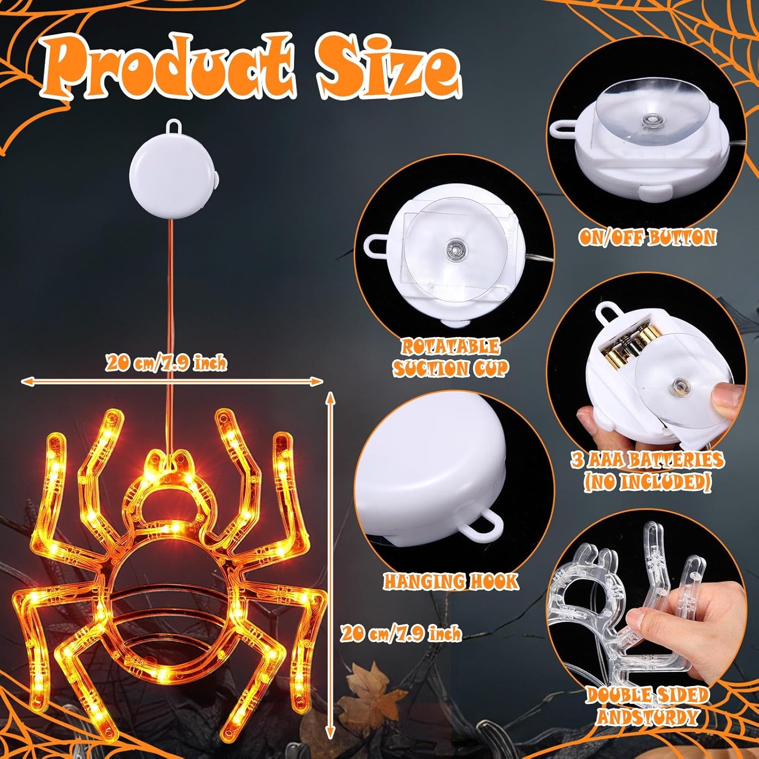 6 luces de Halloween para ventana, luces colgantes de ventana, luces naranjas, araña, fantasma, luces LED naranjas con ventosa para decoración de