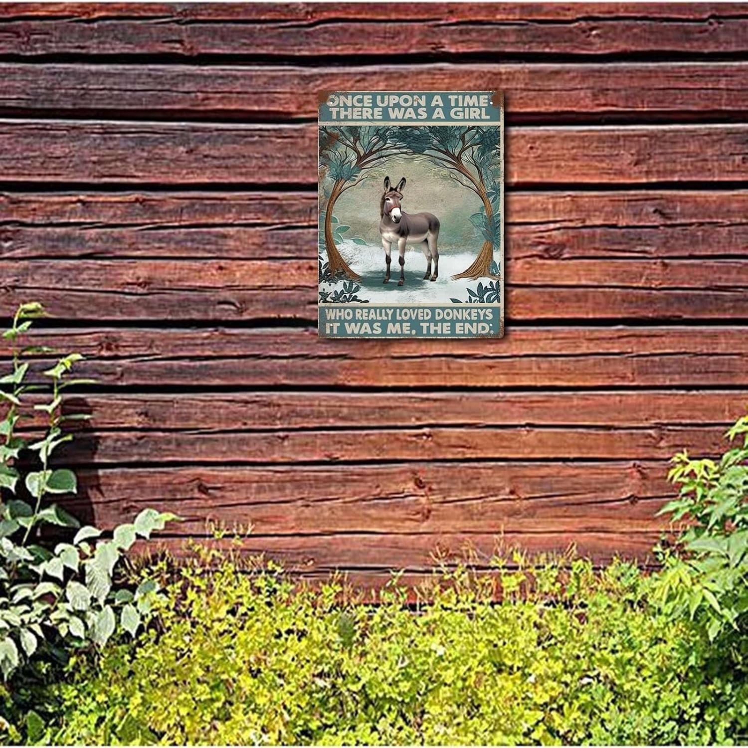 Letrero de hojalata con texto en inglés Once Upon A Time There Were A Girl Who Really Loved Donkey Tin Sign para decoración de pared de jardín,