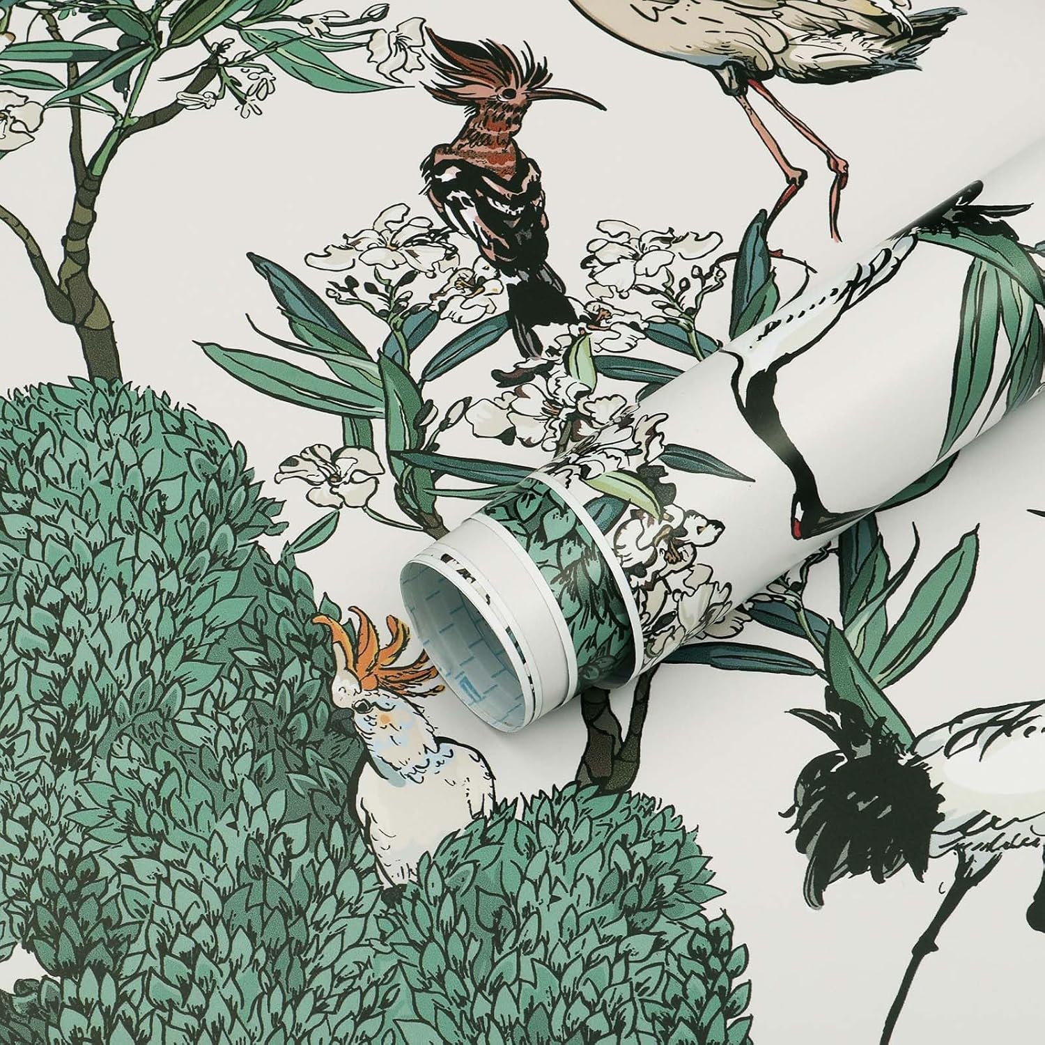 Dimoon Papel tapiz floral de 78.7 x 16.1 pulgadas, papel de contacto con pájaros, verde y blanco, bosque estético, grueso, impermeable, grúas,