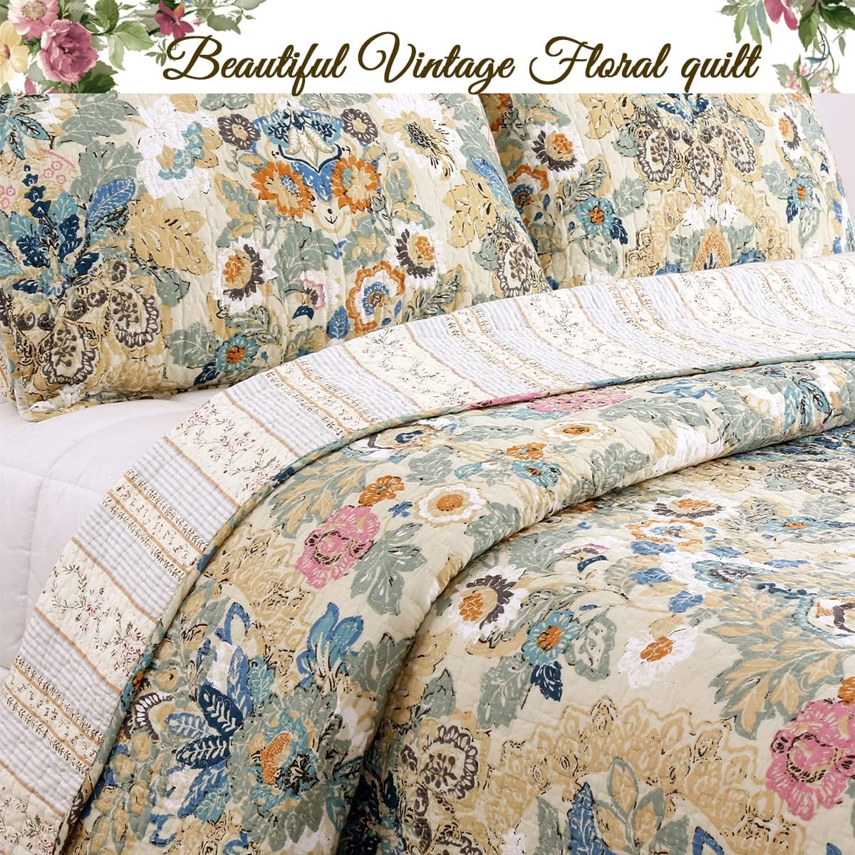 Cozy Line Home Fashions Juego de edredón clásico de lujo, 100% algodón, color beige, azul, floral, rosa, flores, estilo bohemio, colcha reversible