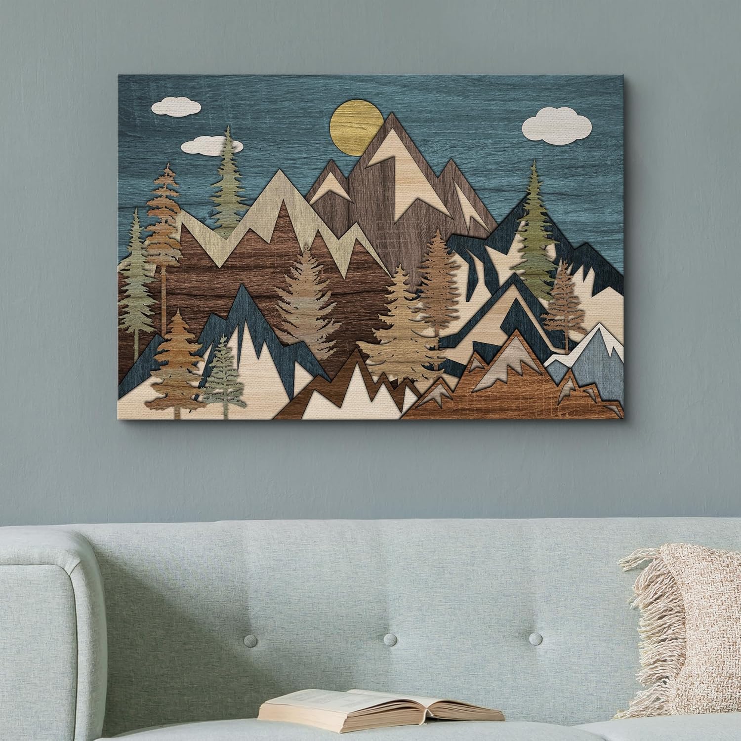 wall26 Lienzo impreso para pared, panel de madera, bosque de pinos, montaña nublada, naturaleza, desierto, arte digital, arte moderno, granjacampo,
