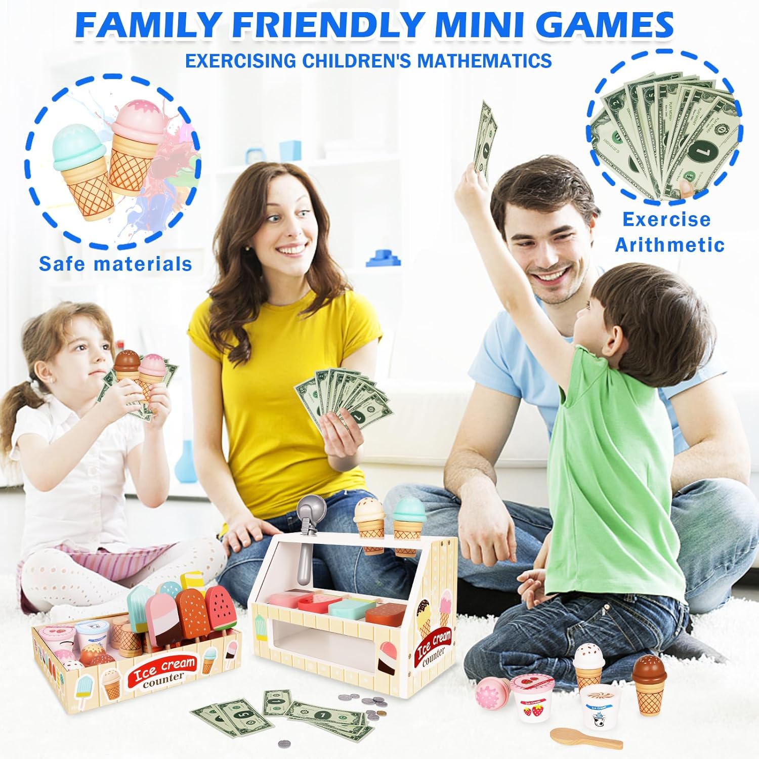 Juego de contador de helados para niños, juguetes de comida Montessori, accesorios de cocina, juego de paletas de madera con cuchara y dinero falso,