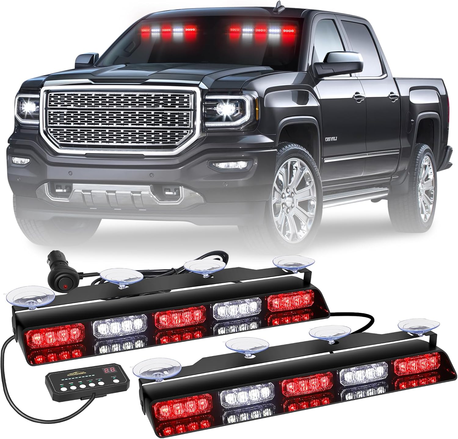 XRIDONSEN 2 luces de emergencia rojas y blancas de 17 pulgadas para vehículos, 40 luces LED de emergencia para salpicadero, luces estroboscópicas de