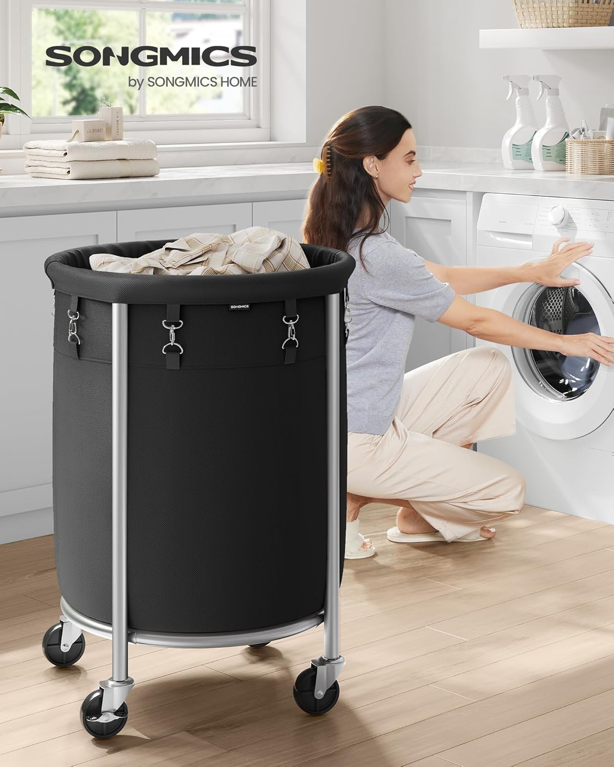 SONGMICS Cesta de lavandería con ruedas, cesta de lavandería rodante, 29 Gal., Carrito de lavandería redondo con marco de acero y bolsa extraíble, 4