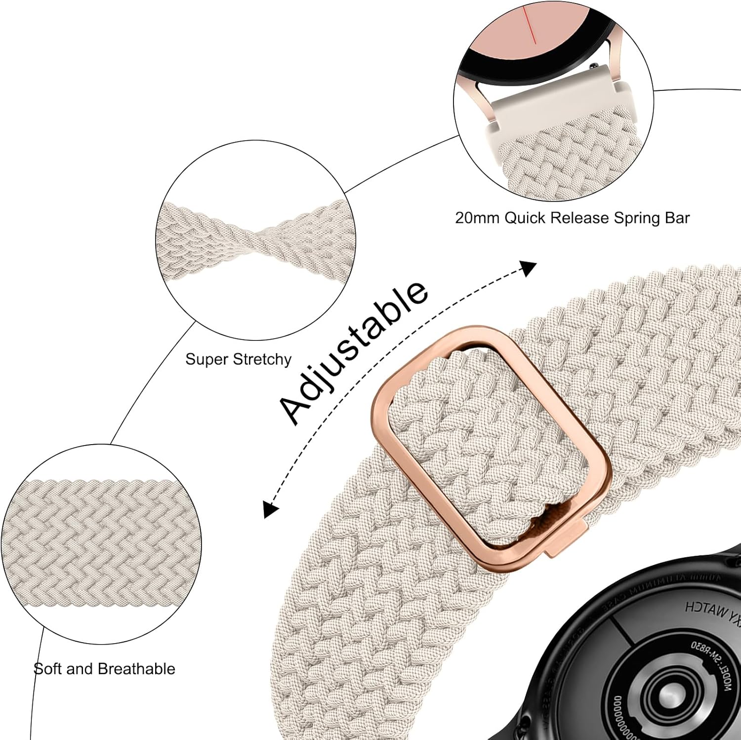 Vancle Correa elástica trenzada compatible con Samsung Galaxy Watch Active 2 Band de 1.575 pulgadas, 1.732 pulgadas, Galaxy Watch Active, correas
