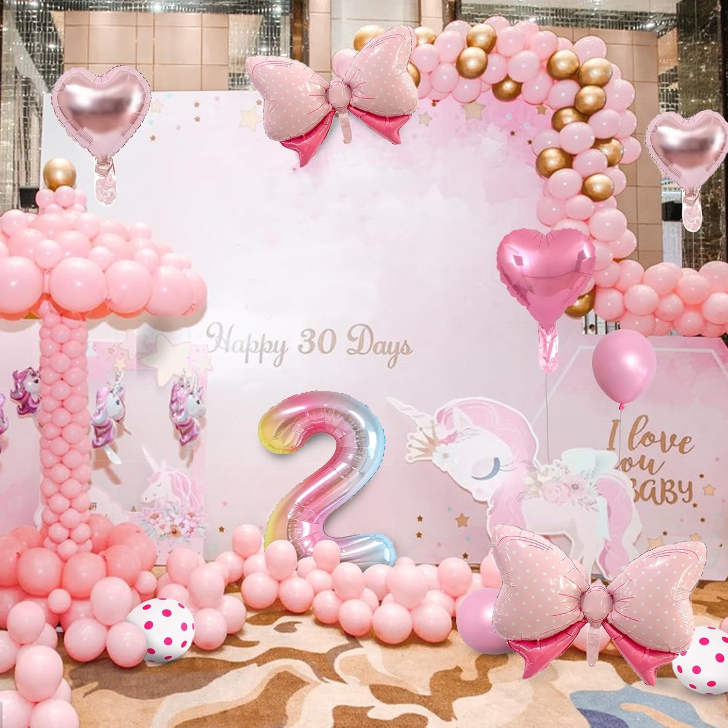 14 globos de fiesta de ratón con lazo rosa, globos metálicos de papel de aluminio rosa intenso, incluye globo de cumpleaños número 2, arco rosa,