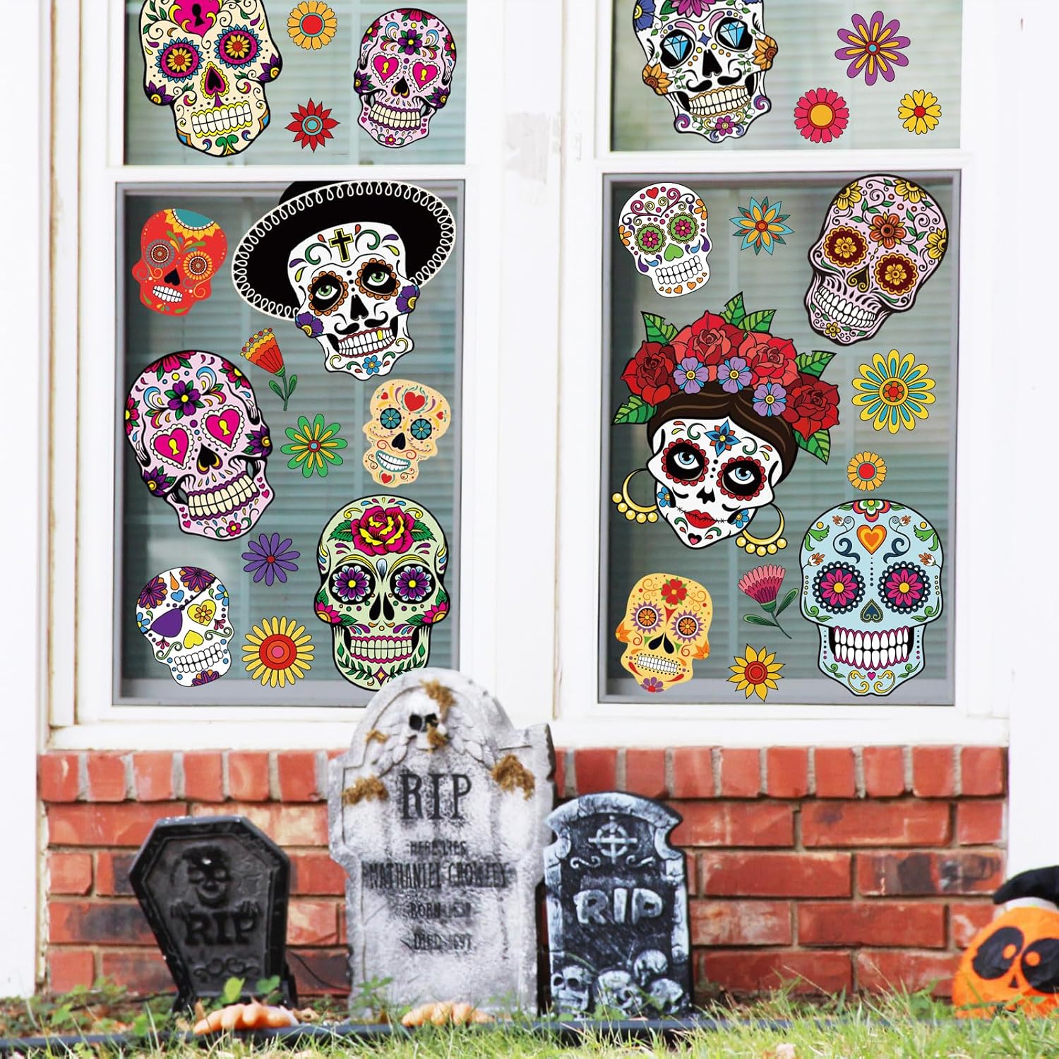 Whaline 9 hojas de calcomanías para ventana con diseño de calavera de azúcar de doble cara para Halloween, patrones de flores coloridas, calcomanías