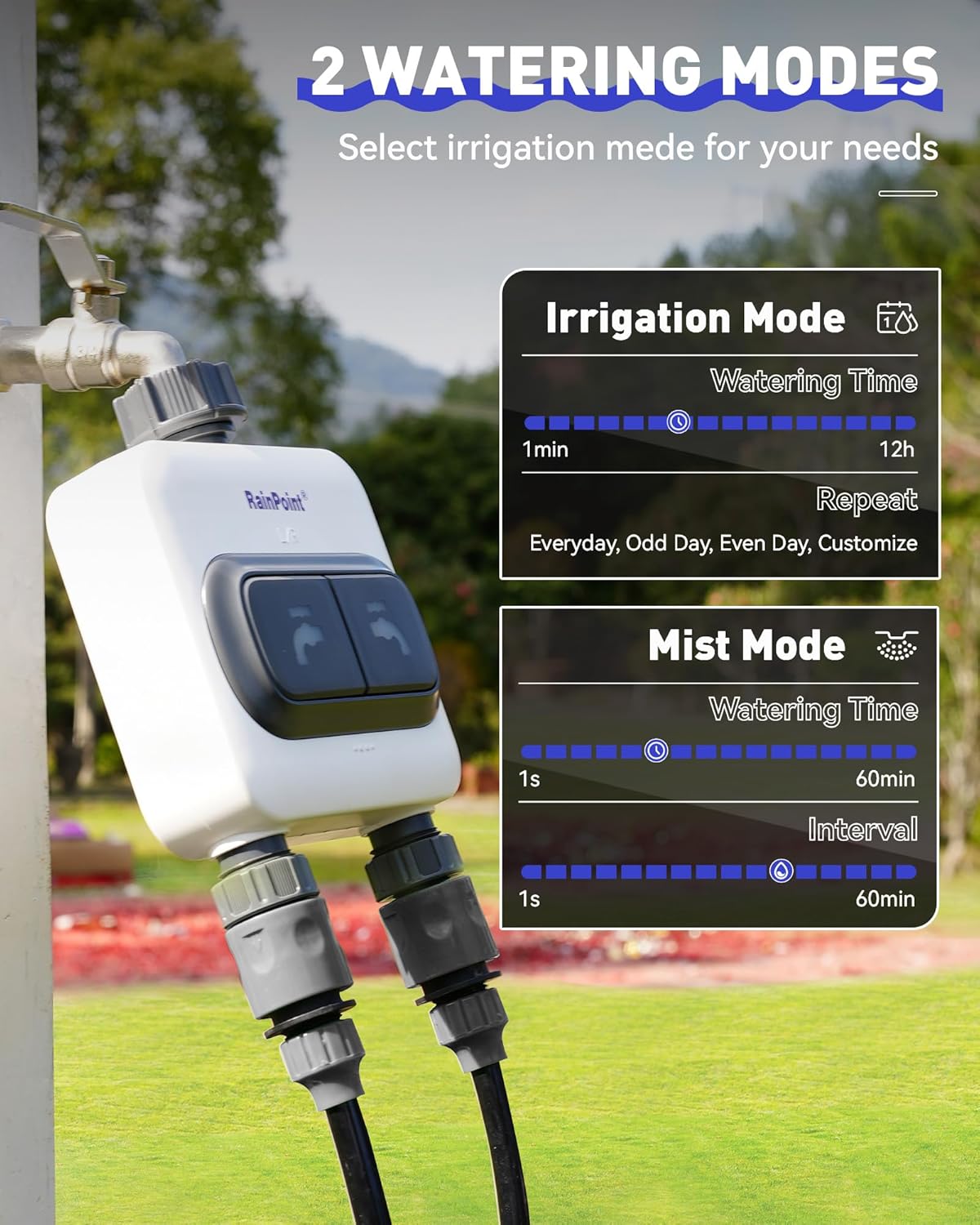 RAINPOINT Temporizador de agua WiFi para manguera de jardín  6 planes separados, riego por galón y tiempo, modo de riego y niebla, fácil de usar,