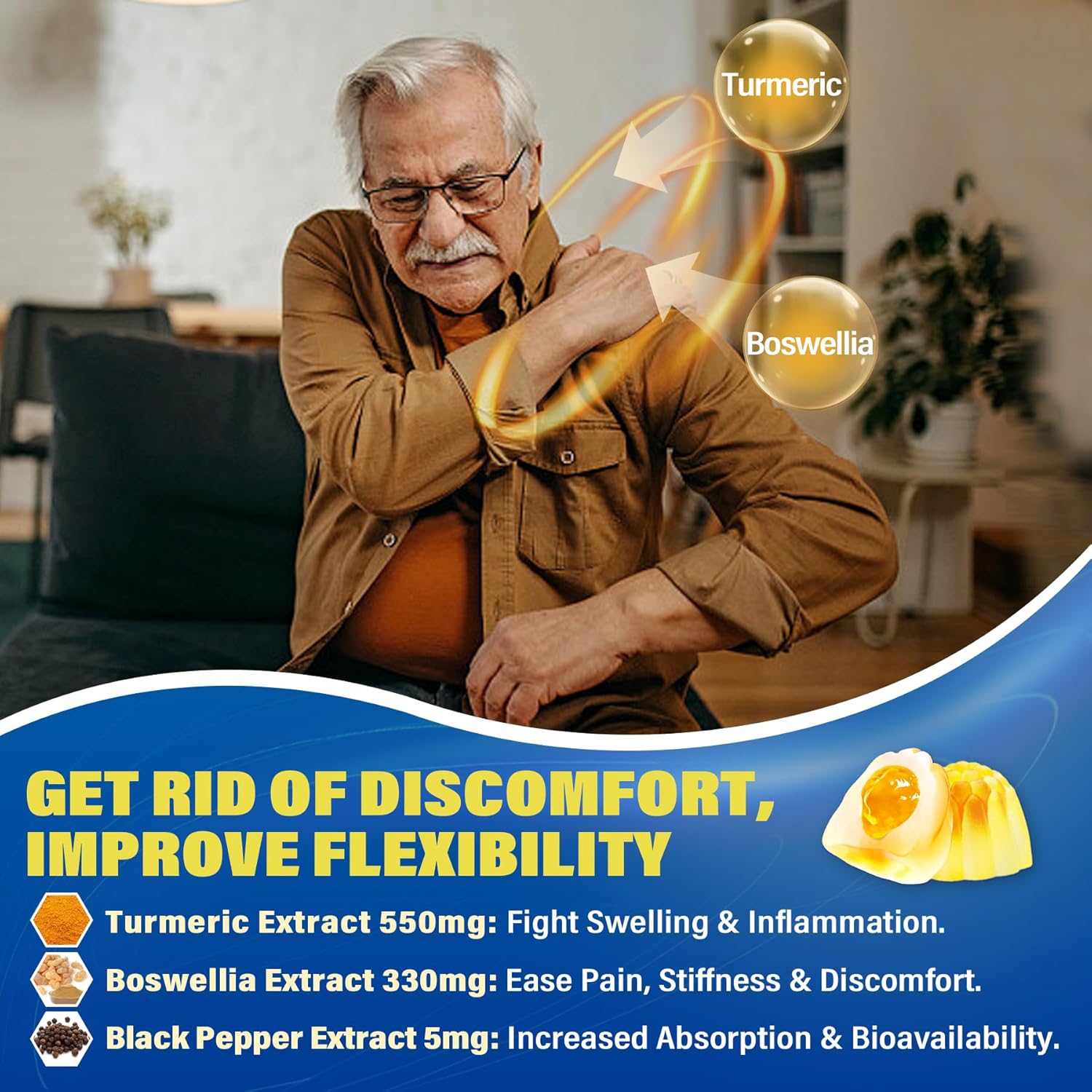 Gomitas rellenas de glucosamina condroitina MSM sin azúcar, 3100 mg – Suplemento de apoyo articular – Más cúrcuma, boswellia, ácido hialurónico y