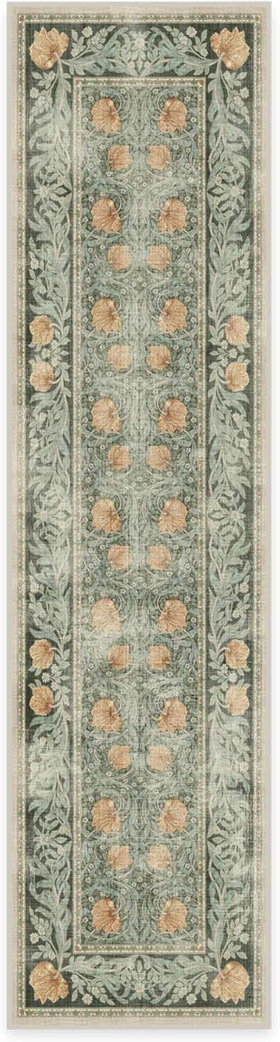 RUGGABLE x Morris & Co – Alfombra bohemia lavable perfecta para entrada, pasillo, cocina, antideslizante, apta para niños, resistente a las manchas