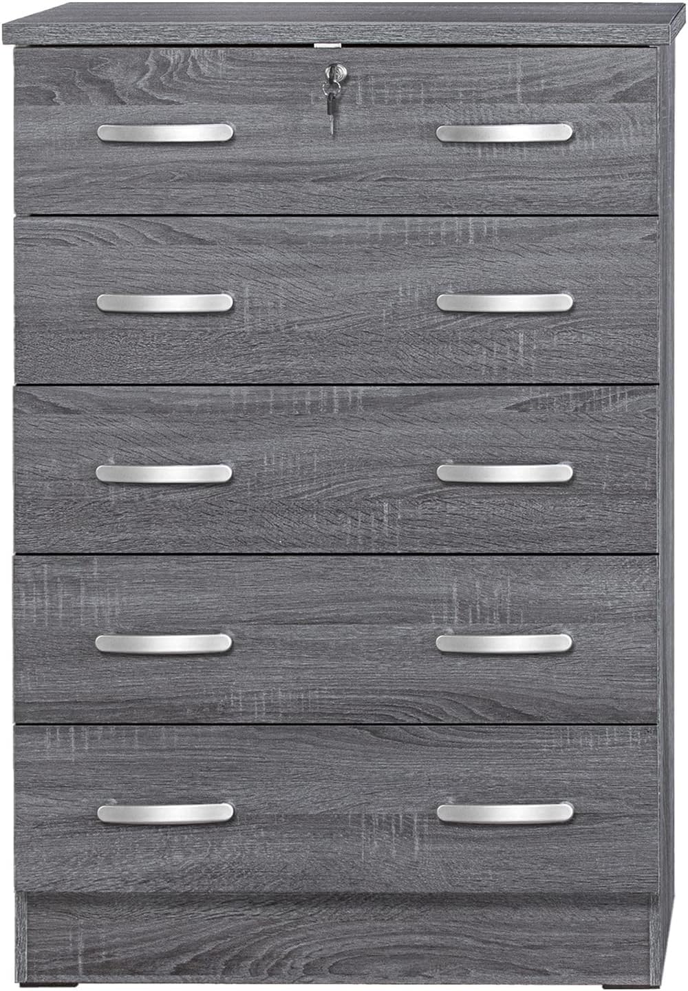 Better Home Products Cindy – Cómoda de madera con 5 cajones con cerradura en color gris