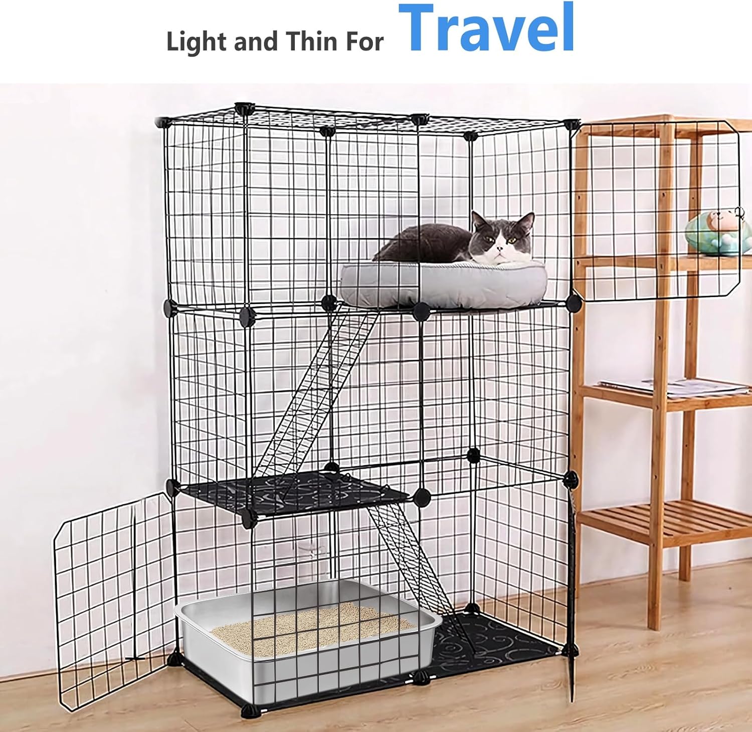 Caja de arena de viaje para gatos, caja de arena ligera y fina de acero inoxidable para jaula de gatos, corral de juegos, perrera de gatos, jaula,