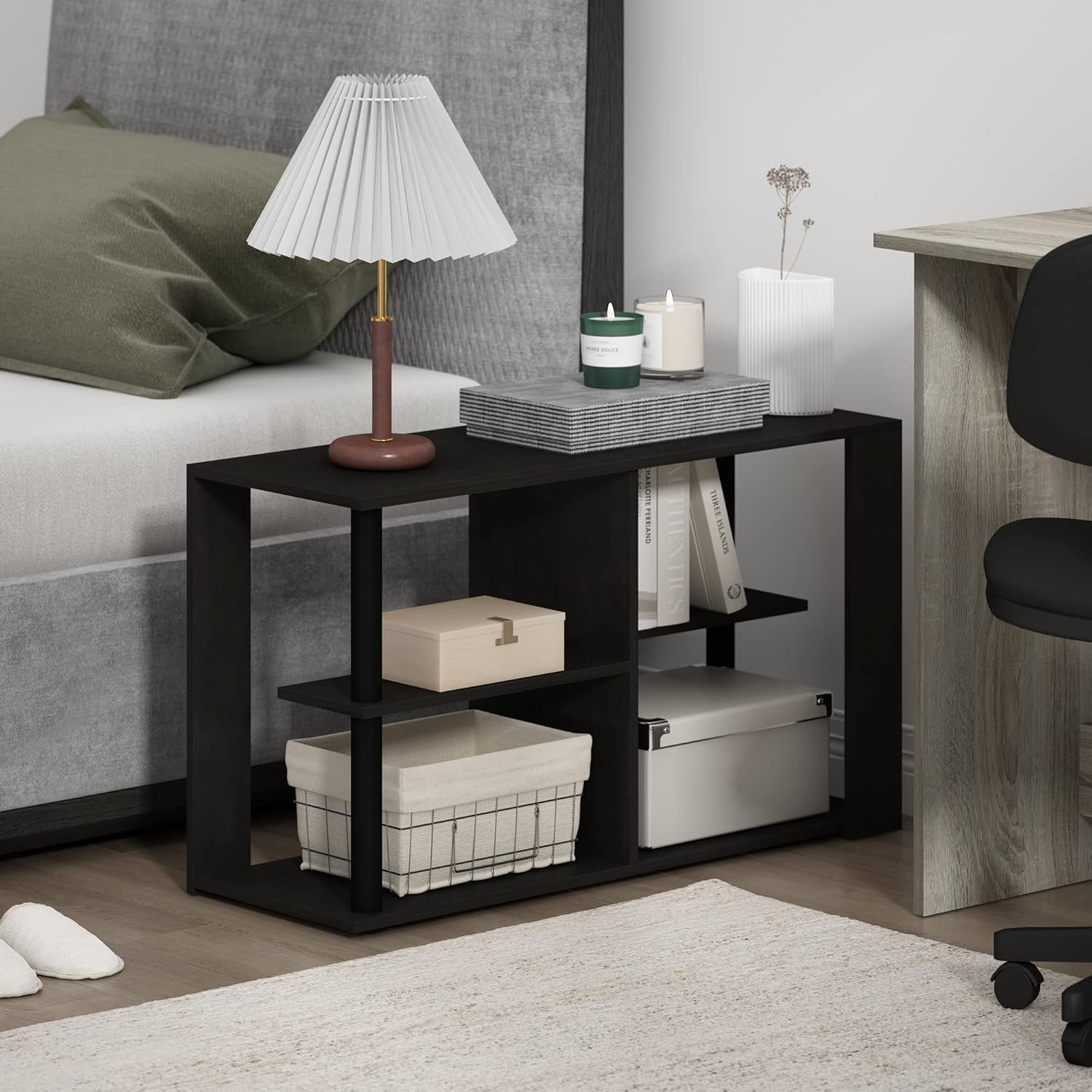 Furinno Romain – Mesa auxiliar estrecha con estantes, color espressonegro