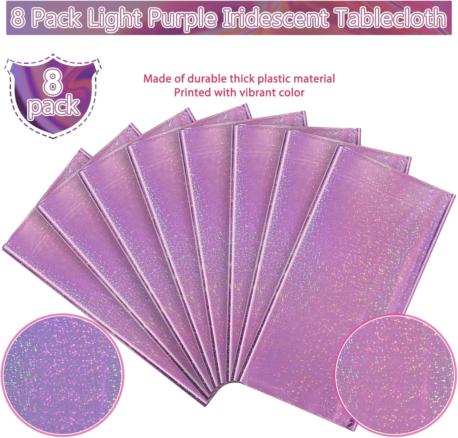Paquete de 8 manteles de plástico iridiscentes de color morado claro, desechables, rectangulares, con láser, de papel de aluminio holográfico, para