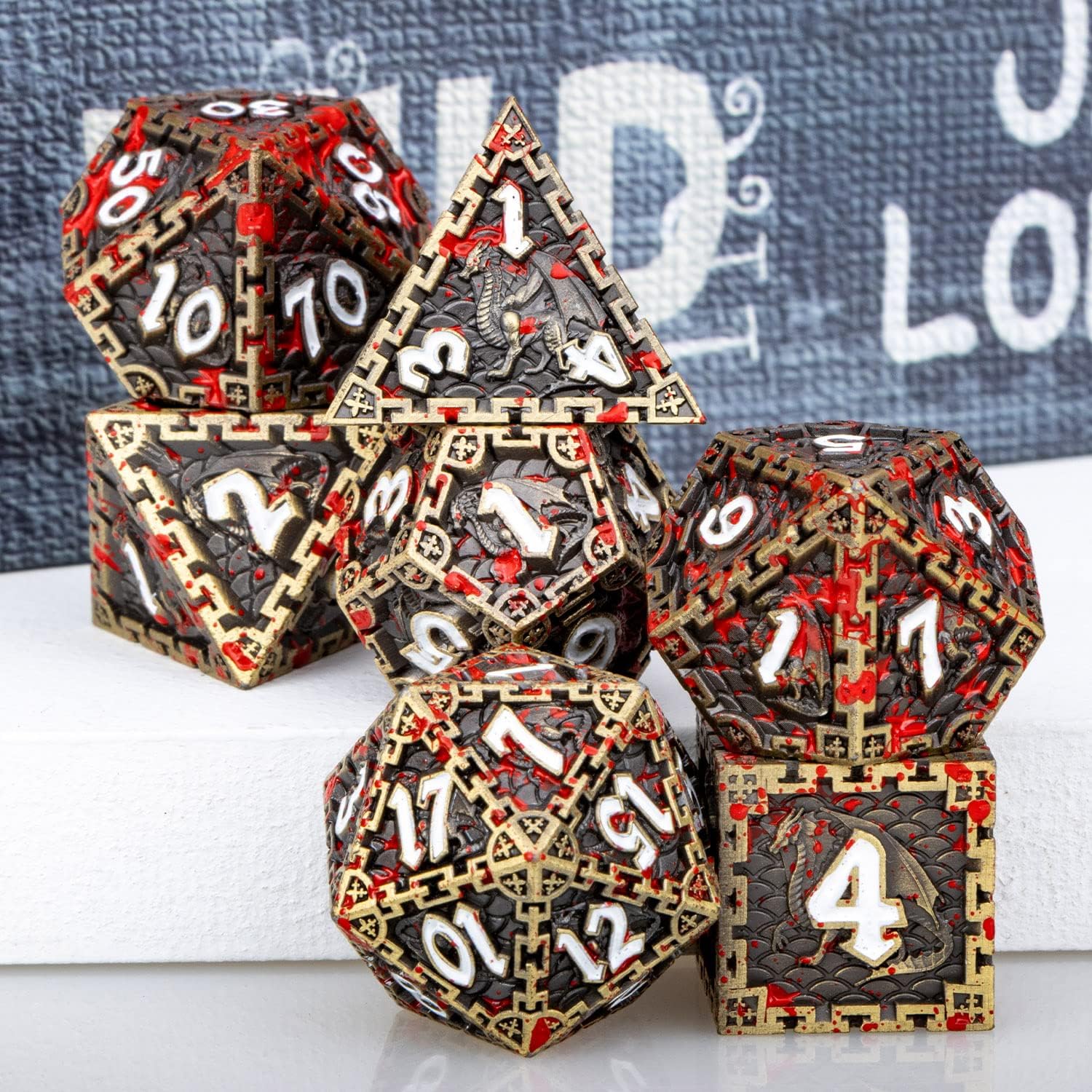 DND – Juego de dados de metal de dragón de sangre con caja de regalo, dados de bronce antiguo D&D, 7 dados poliédricos para juegos de rol, juego de