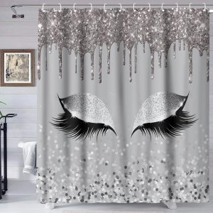YLMYTE110 – Cortina de ducha con pestañas color gris plateado, cortina de baño con goteo de destello (sin brillantina), cortina de baño de YLMYTE110 – Cortina de ducha con pestañas color gris plateado, cortina de baño con goteo de destello (sin brillantina), cortina de baño de