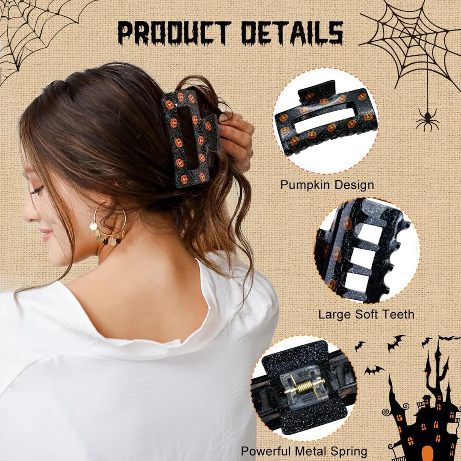 Pinzas para el cabello de Halloween, cuadradas, de calabaza, grandes, para mujeres y niñas, con bonito diseño de calabaza para cabello finogrueso,