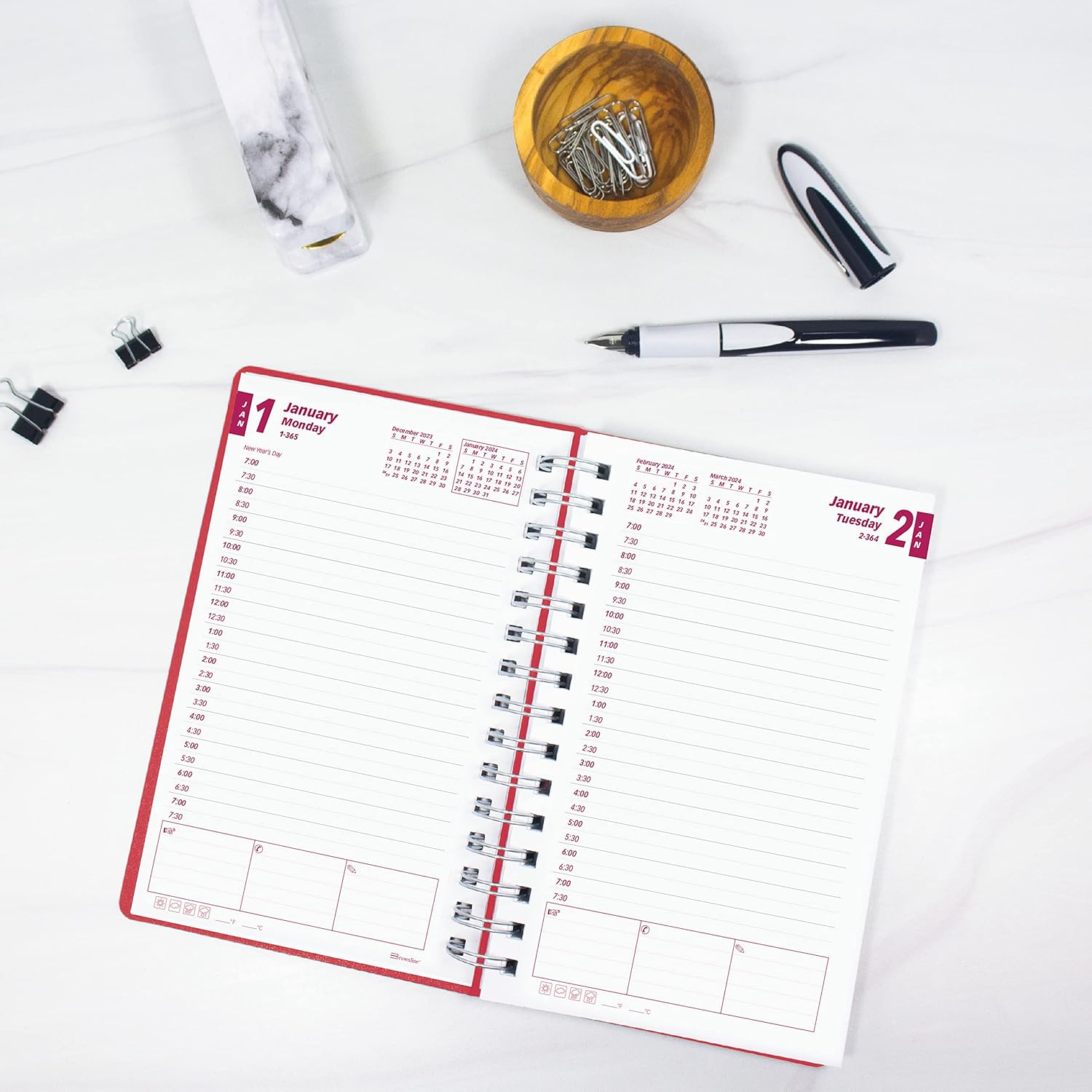 Brownline DuraFlex – Agenda diariamensual 2024, libro de citas, 12 meses, enero a diciembre, encuadernación de doble alambre, 8 x 5 pulgadas,