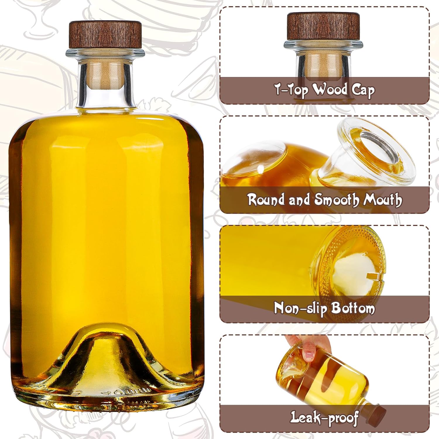 Liengoron 6 botellas de vidrio con corcho de 16.9 fl oz, botella vacía de licor de 17 onzas, botella de vino vacía con tapas de madera en T,