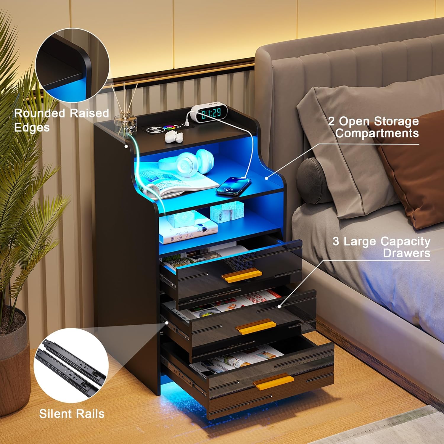HNEBC Mesita de noche LED RGB con estación de carga, mesita de noche negra con 3 cajones, mesita de noche inteligente con puertos de carga