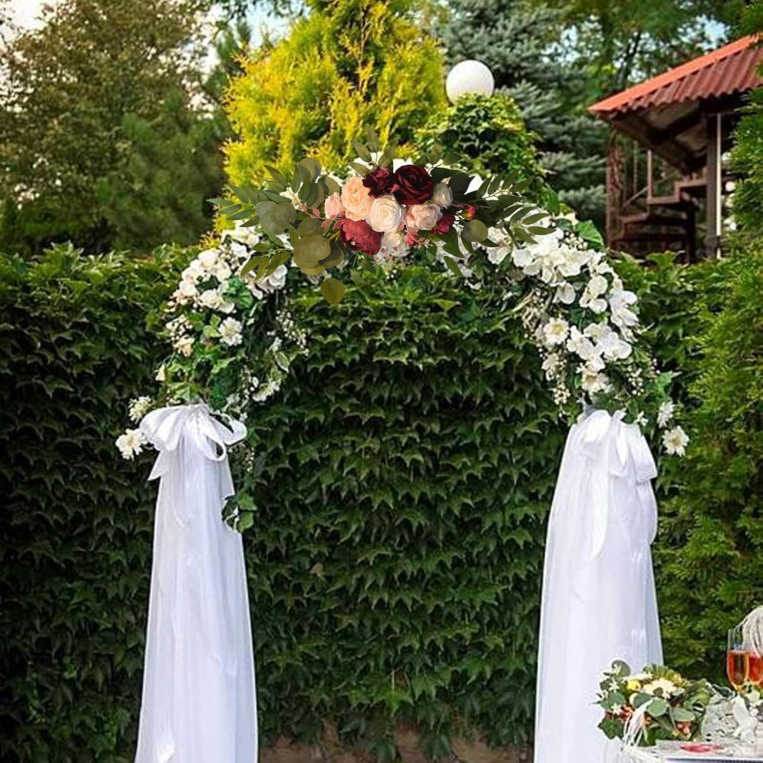 Firlar Kit de flores artificiales para arco de boda, 2 guirnaldas florales decorativas con rosa roja, peonía rosa y hojas de eucalipto, guirnalda de