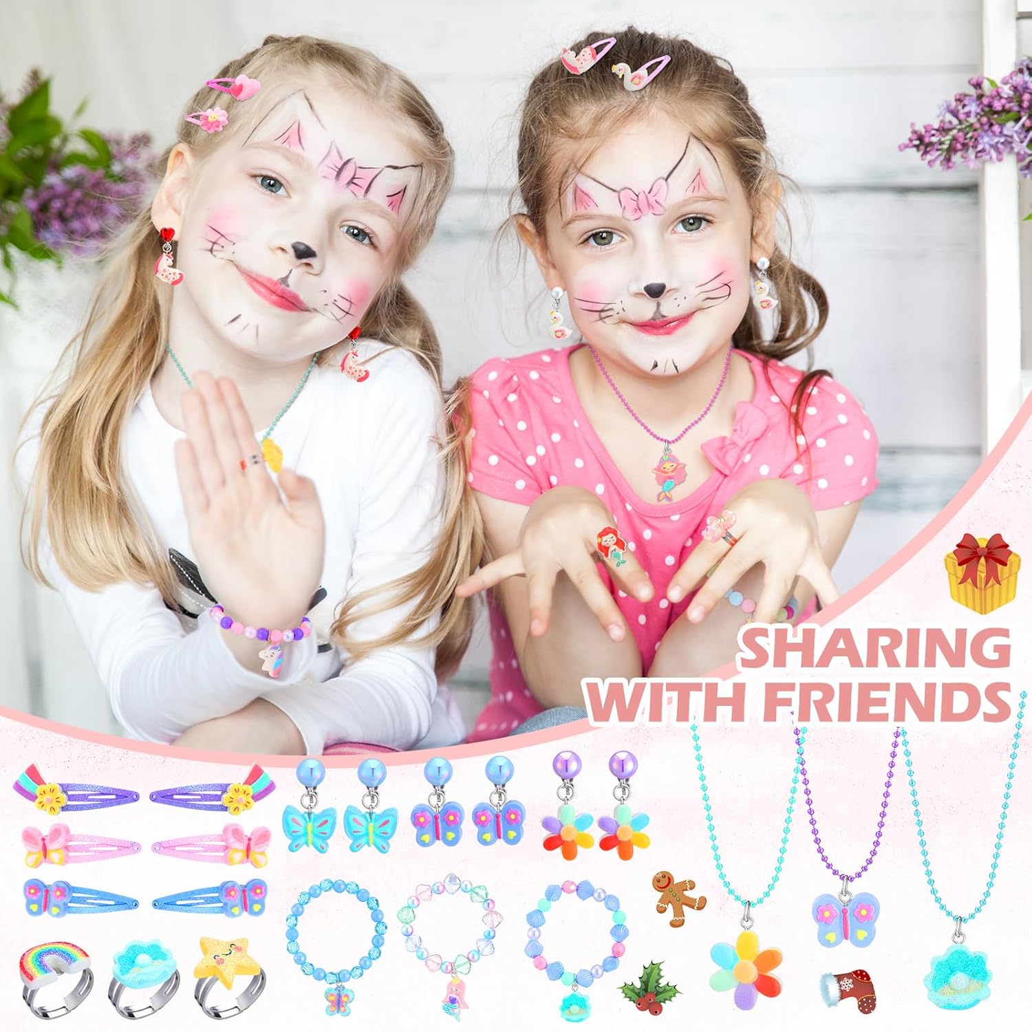 63 piezas de joyería de juego para niñas pequeñas, collar de cuentas de princesa para niños, pulseras, anillos, pinzas para el cabello, aretes con